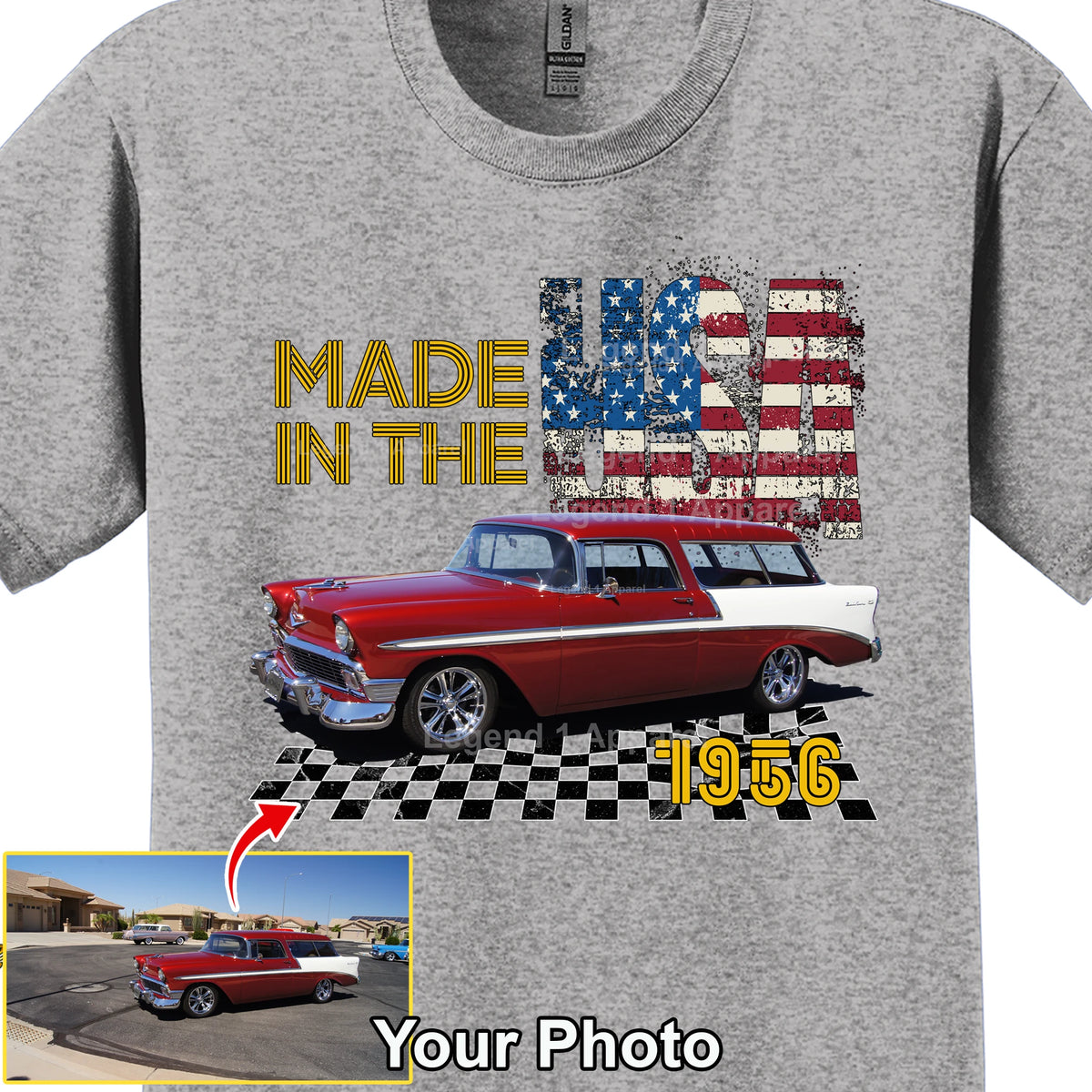 Your Classic Car or Hot Rod custom made T-shirt. Send us a picture of your car, Made In The USA