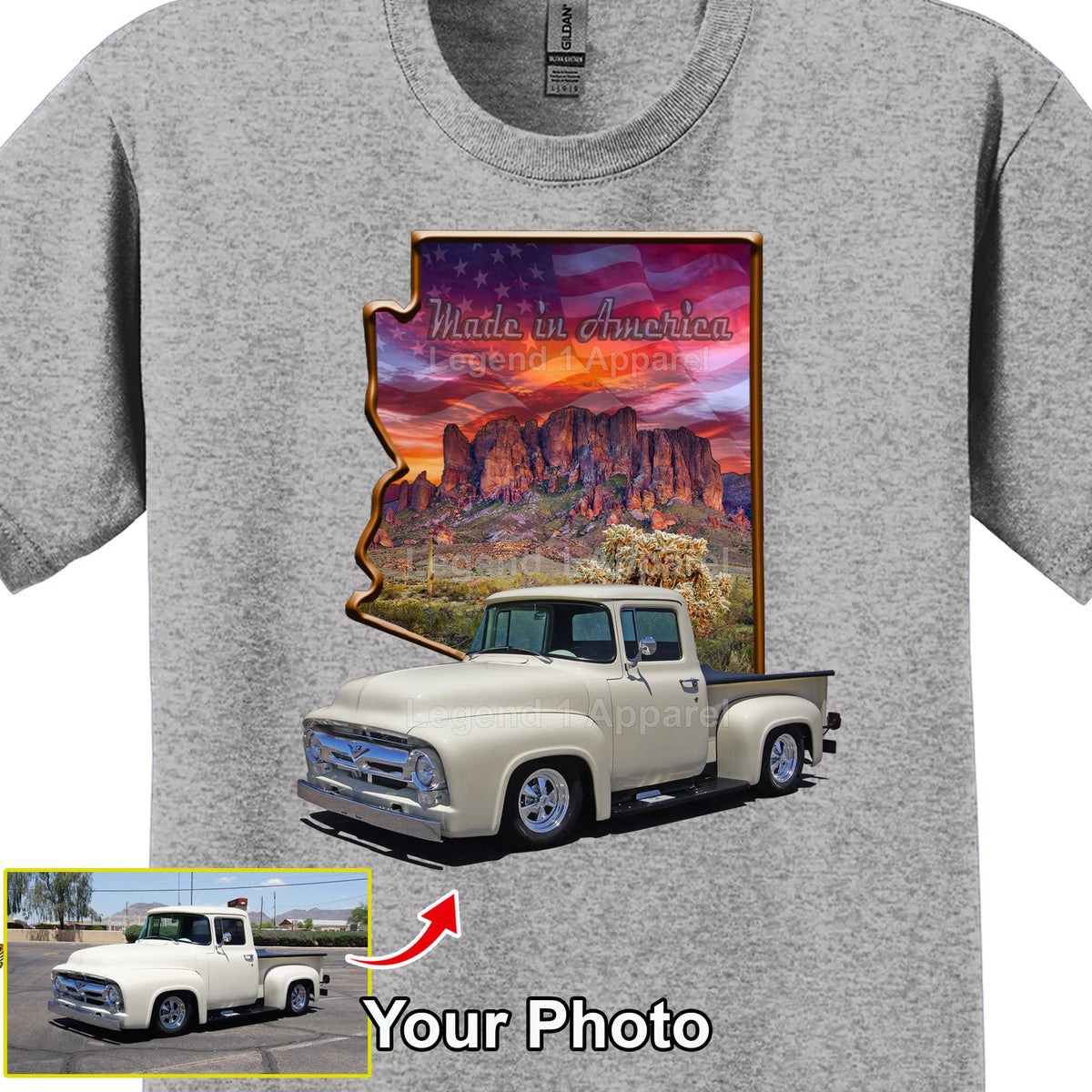 Your Classic Car or Hot Rod custom made T-shirt. Send us a picture of your car. Made in America Arizona Outline
