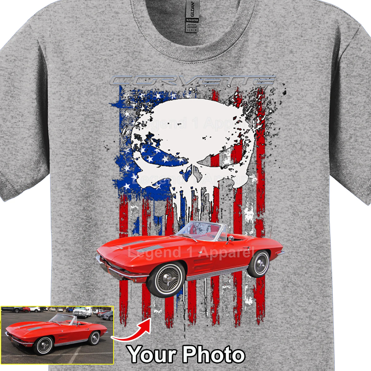 Your Classic Car or Hot Rod custom made T-shirt. Send us a picture of your car. Corvette USA Flag