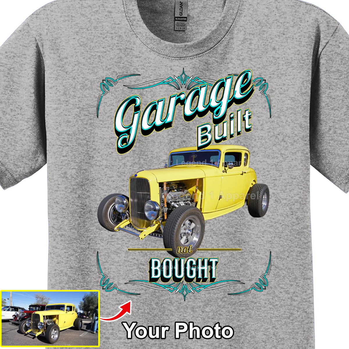 Your Classic Car or Hot Rod custom made T-shirt. Send us a picture of your car. Garage Built Not Bought