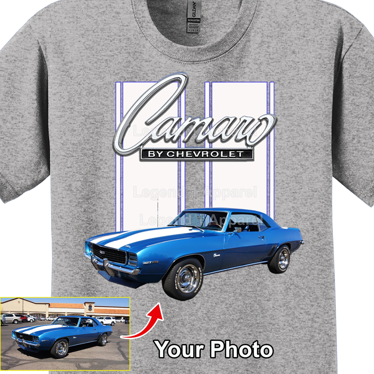 Your Classic Car or Hot Rod custom made T-shirt. Send us a picture of your car. Camaro by Chevrolet