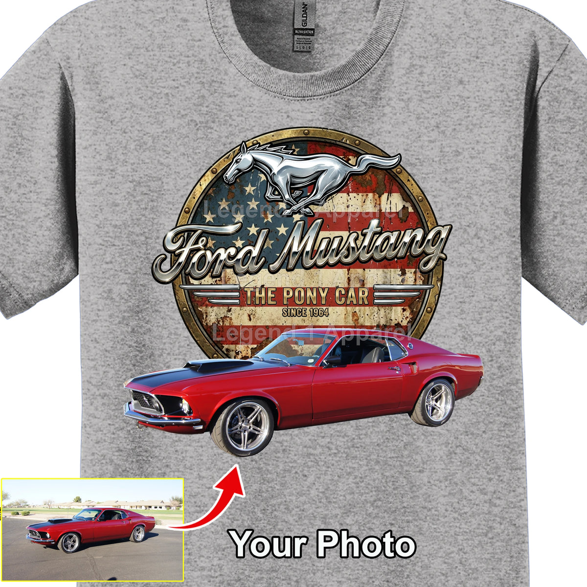 Your Classic Car or Hot Rod custom made T-shirt. Send us a picture of your car. Mustang pony car since 1964