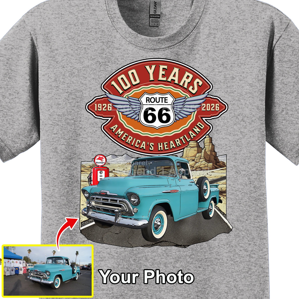 Your Classic Car or Hot Rod custom made T-shirt. Send us a picture of your car. Route 66 100 years