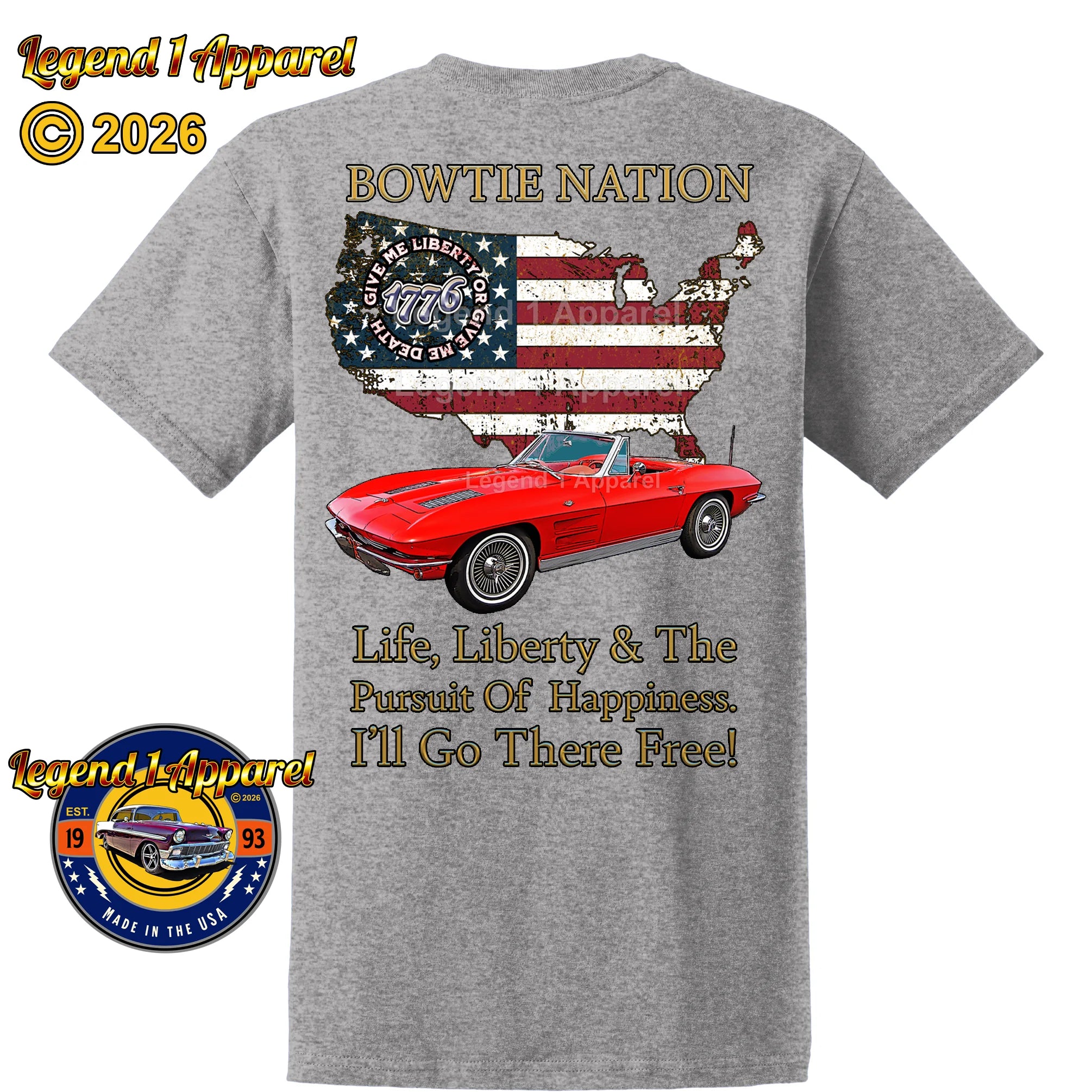 1963 Chevrolet C2 Corvette Bowtie Nation T-Shirt – 63 Chevy Classic Car Graphic Tee