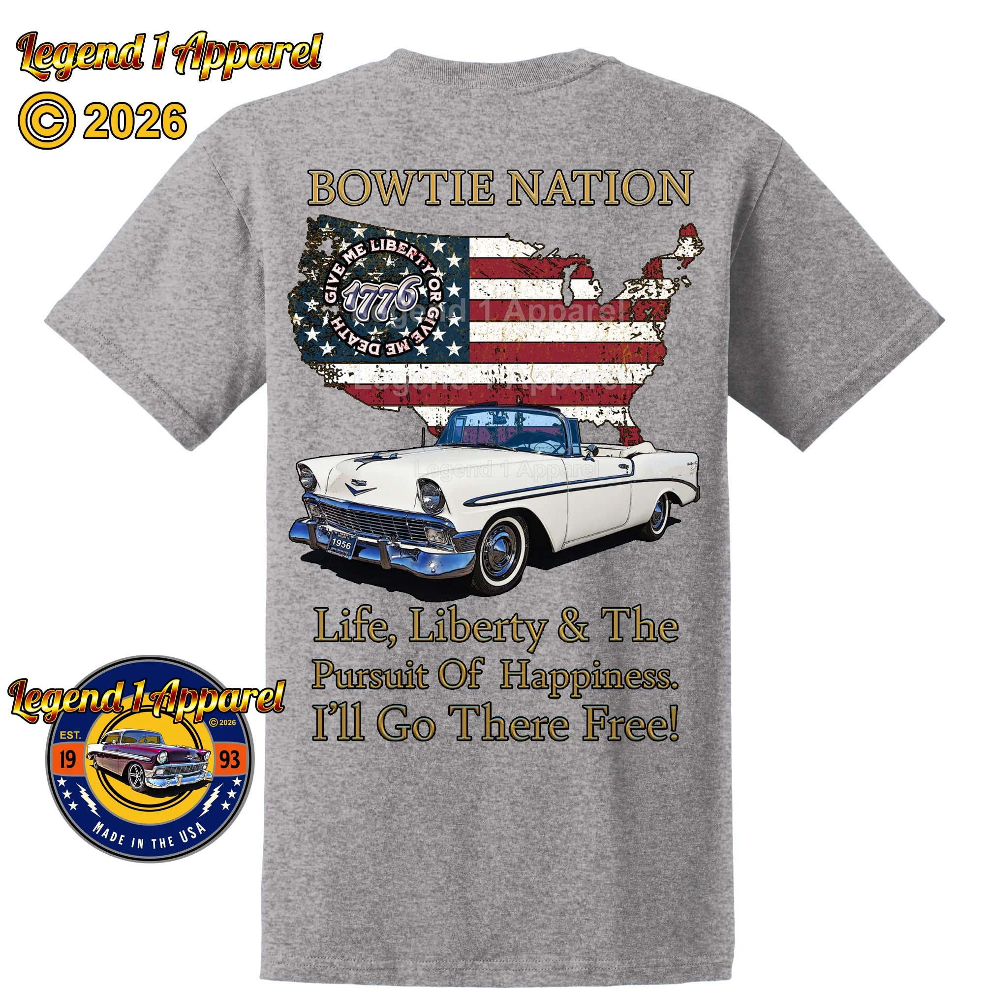 1956 Chevrolet Bel Air Convertible Bowtie Nation T-Shirt – 56 Chevy Classic Car Graphic Tee