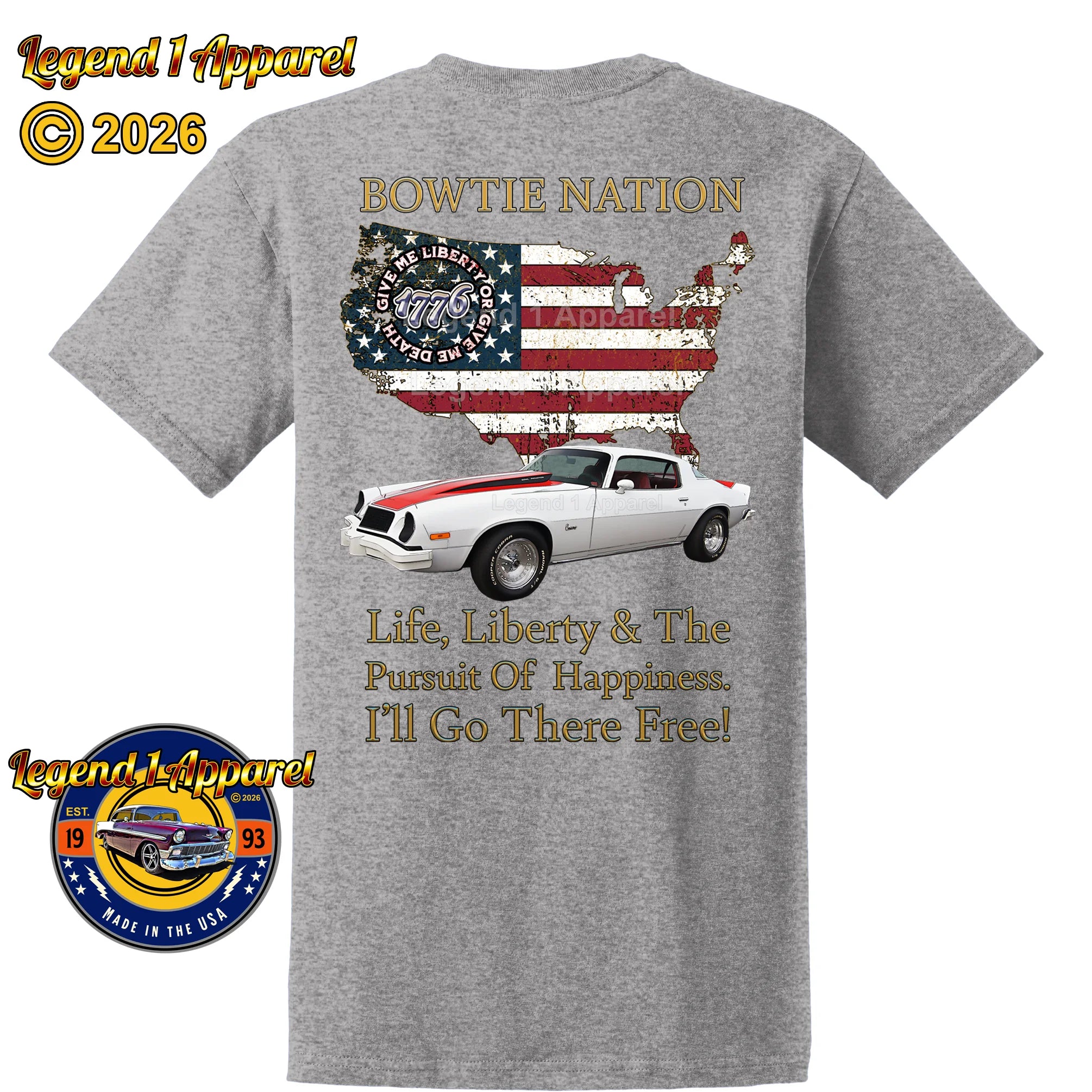 1976 Chevrolet Camaro Bowtie Nation T-Shirt – 76 Chevy Classic Car Graphic Tee
