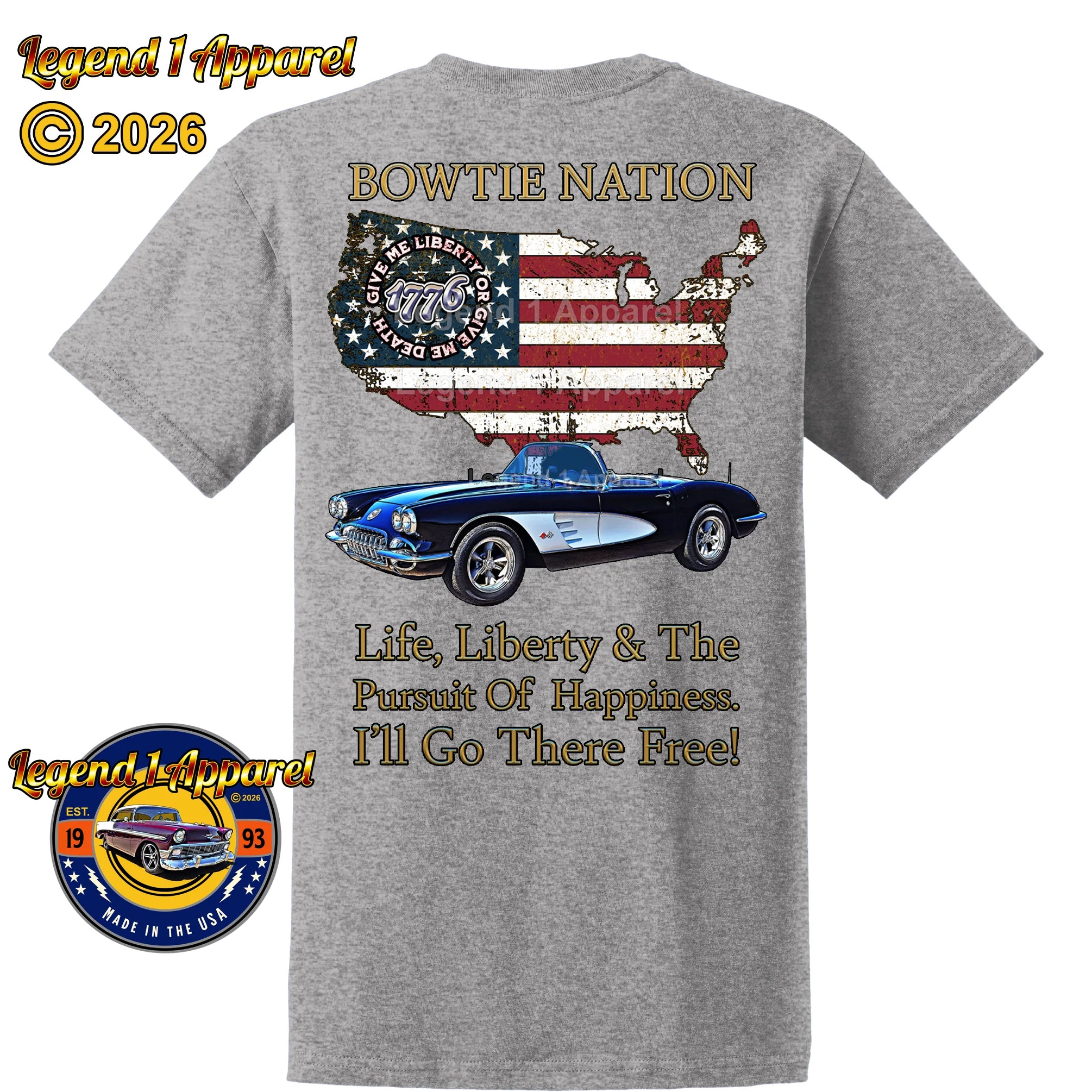 1960 Chevrolet C1 Corvette Bowtie Nation T-Shirt – 60 Chevy Classic Car Graphic Tee