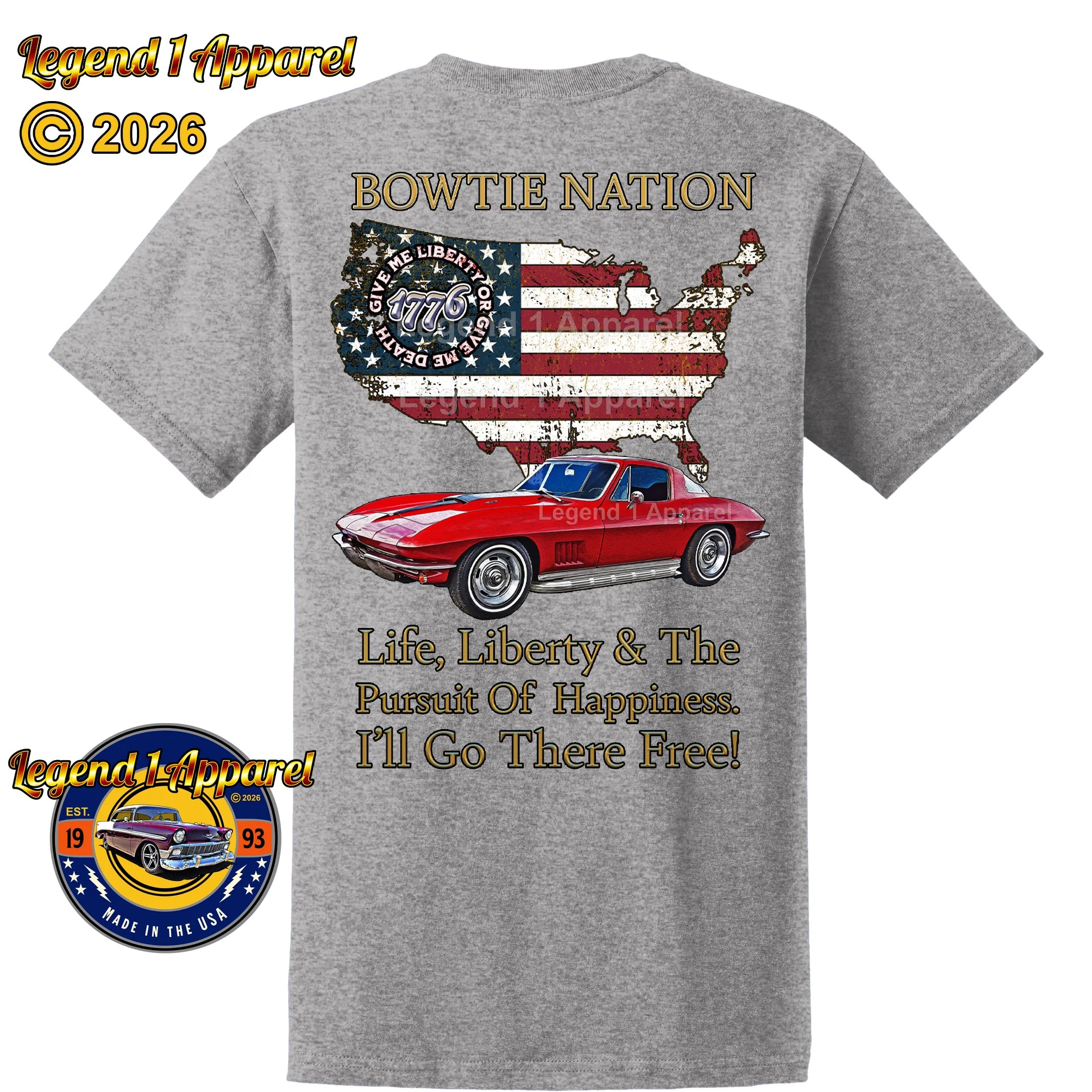 1967 Chevrolet C2 Corvette Bowtie Nation T-Shirt – 67 Chevy Classic Car Graphic Tee