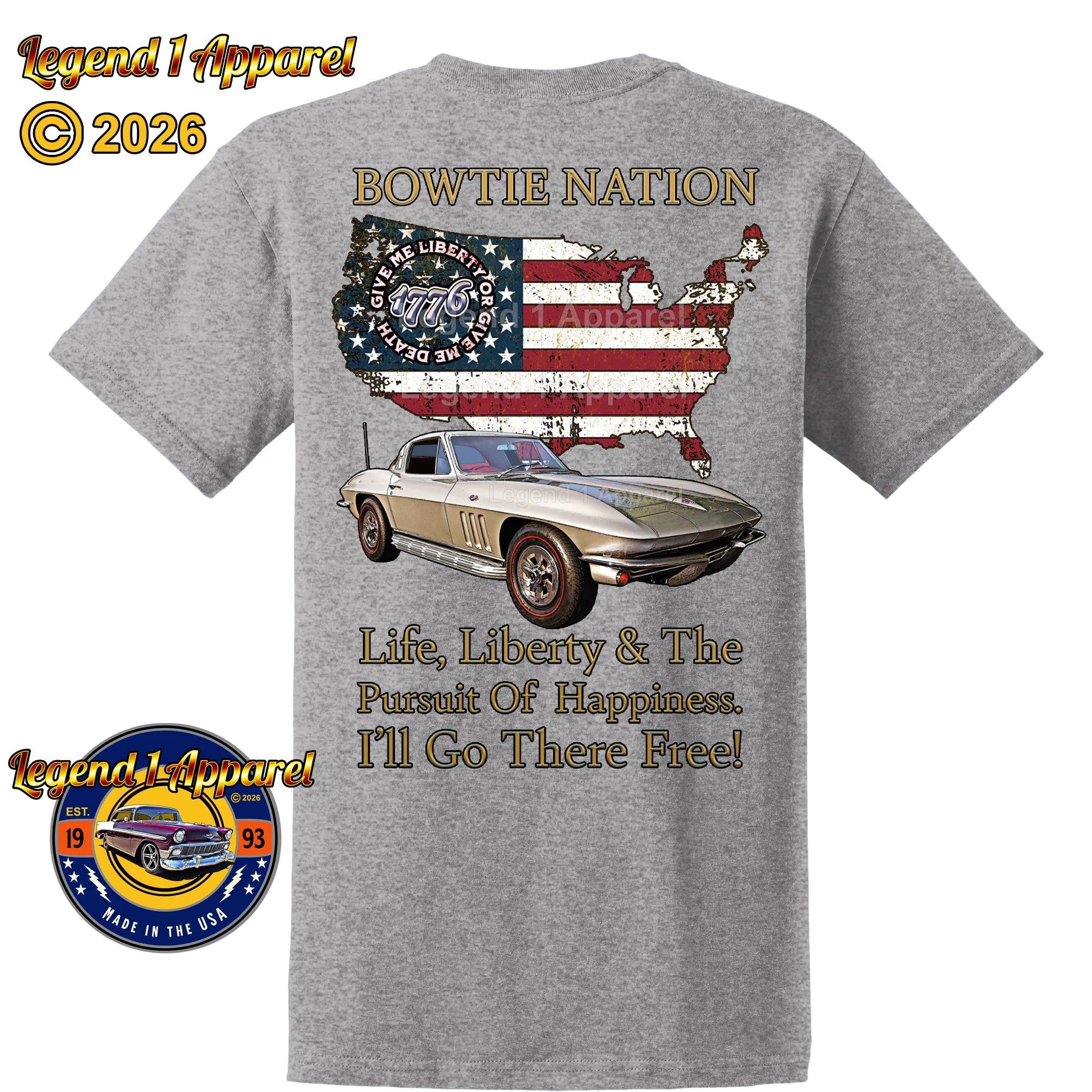 1965 Chevrolet C2 Corvette Bowtie Nation T-Shirt – 65 Chevy Classic Car Graphic Tee