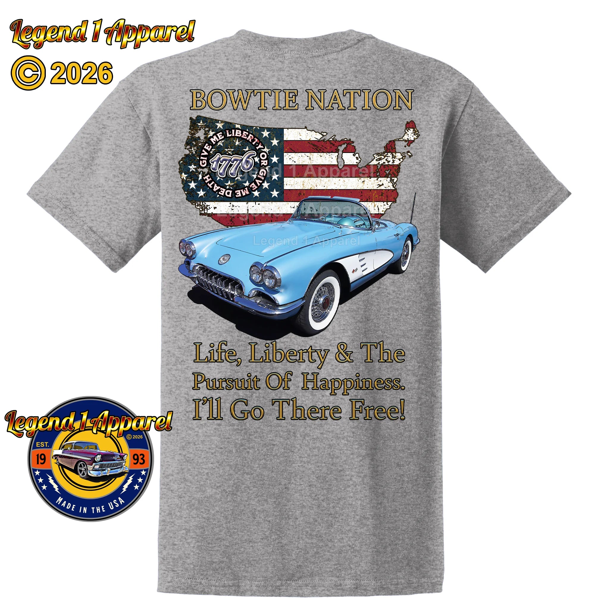 1960 Chevrolet C1 Corvette Bowtie Nation T-Shirt – 60 Chevy Classic Car Graphic Tee