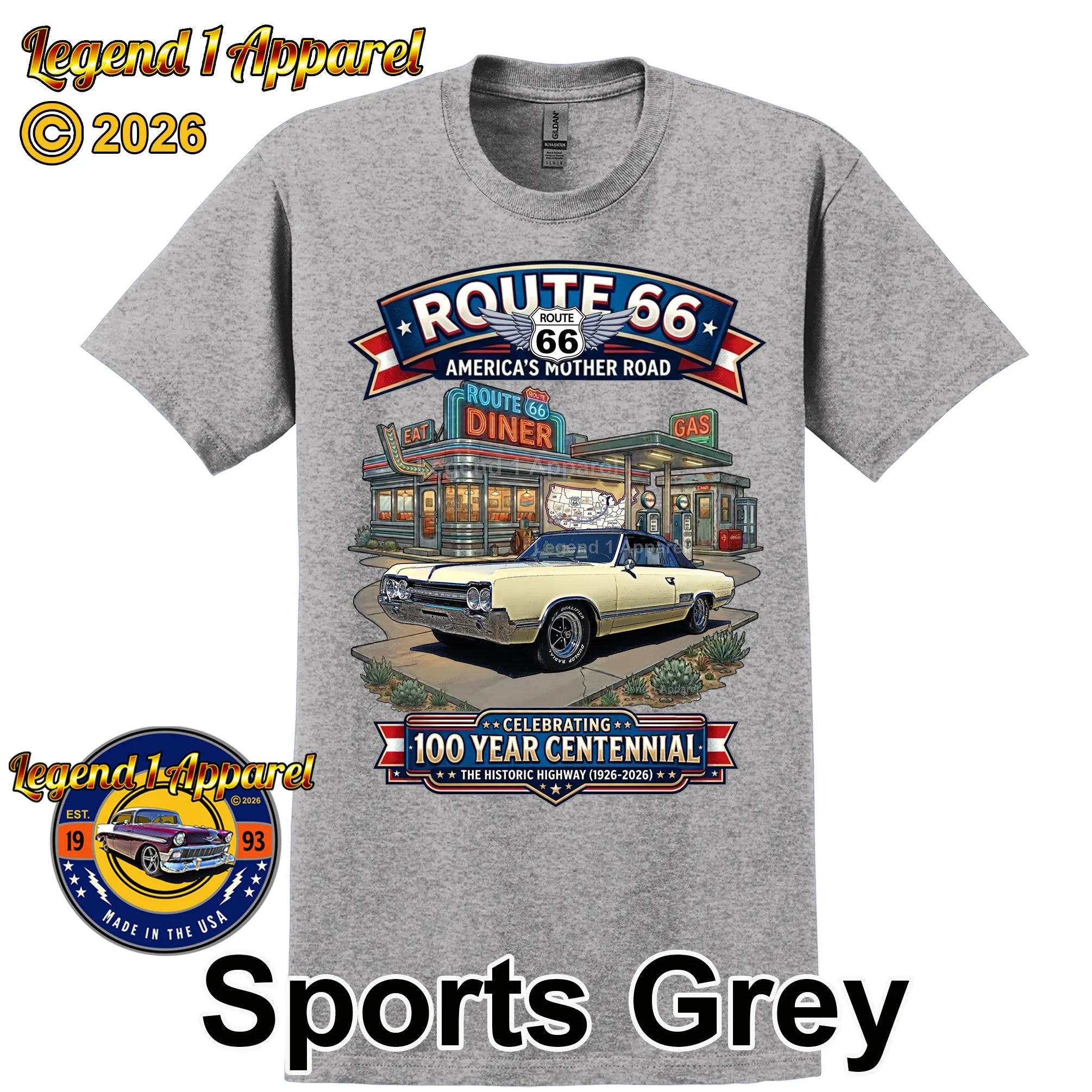 1965 Oldsmobile Cutlass 442 Classic Car Graphic Tee – Route 66 Centennial T-Shirt