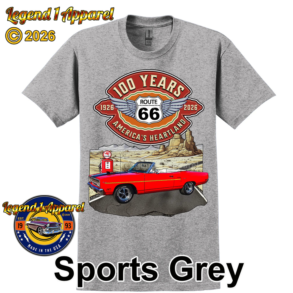 1970 Plymouth RoadRunner Classic Car Graphic Tee – Route 66 100 Years T-Shirt