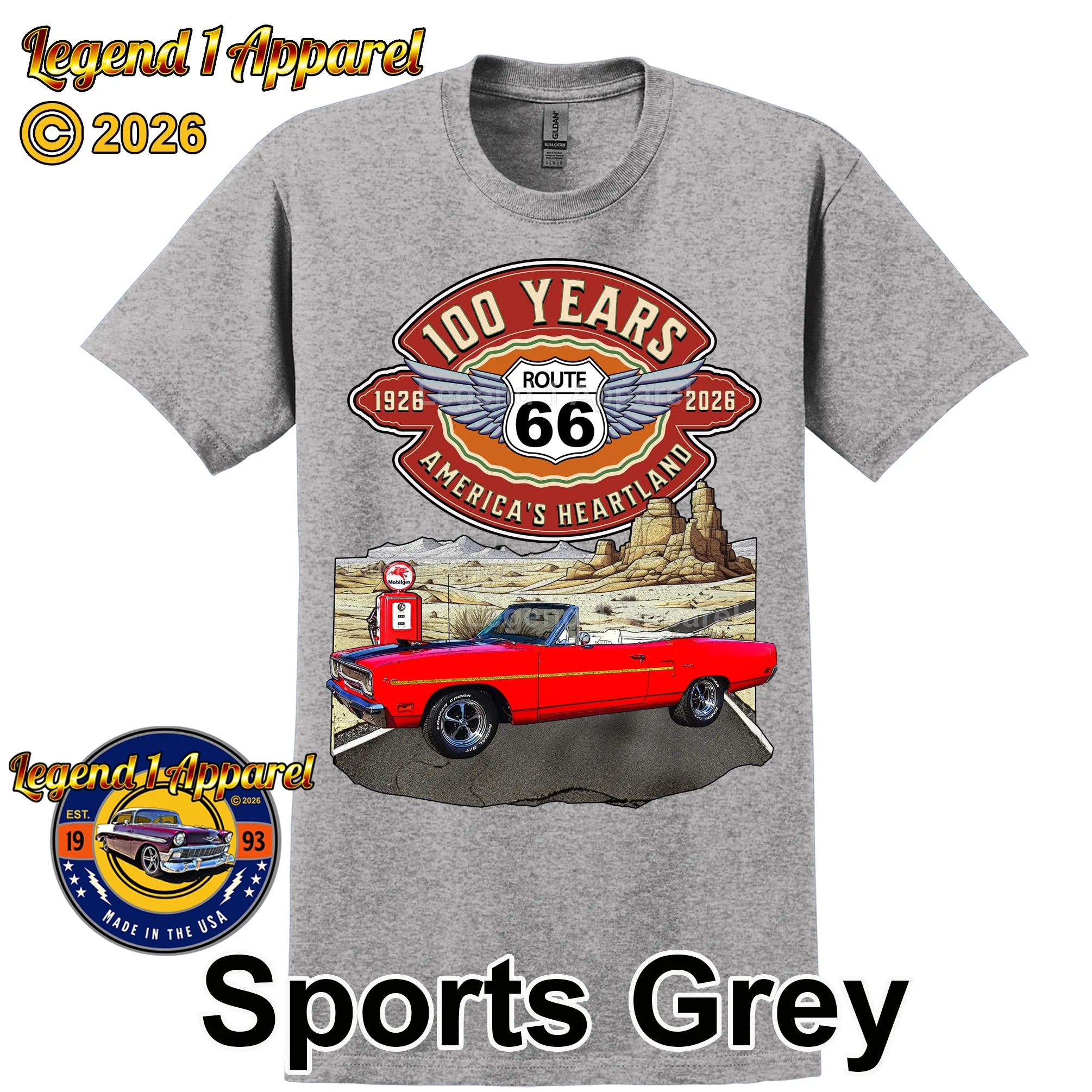 1970 Plymouth RoadRunner Classic Car Graphic Tee – Route 66 100 Years T-Shirt