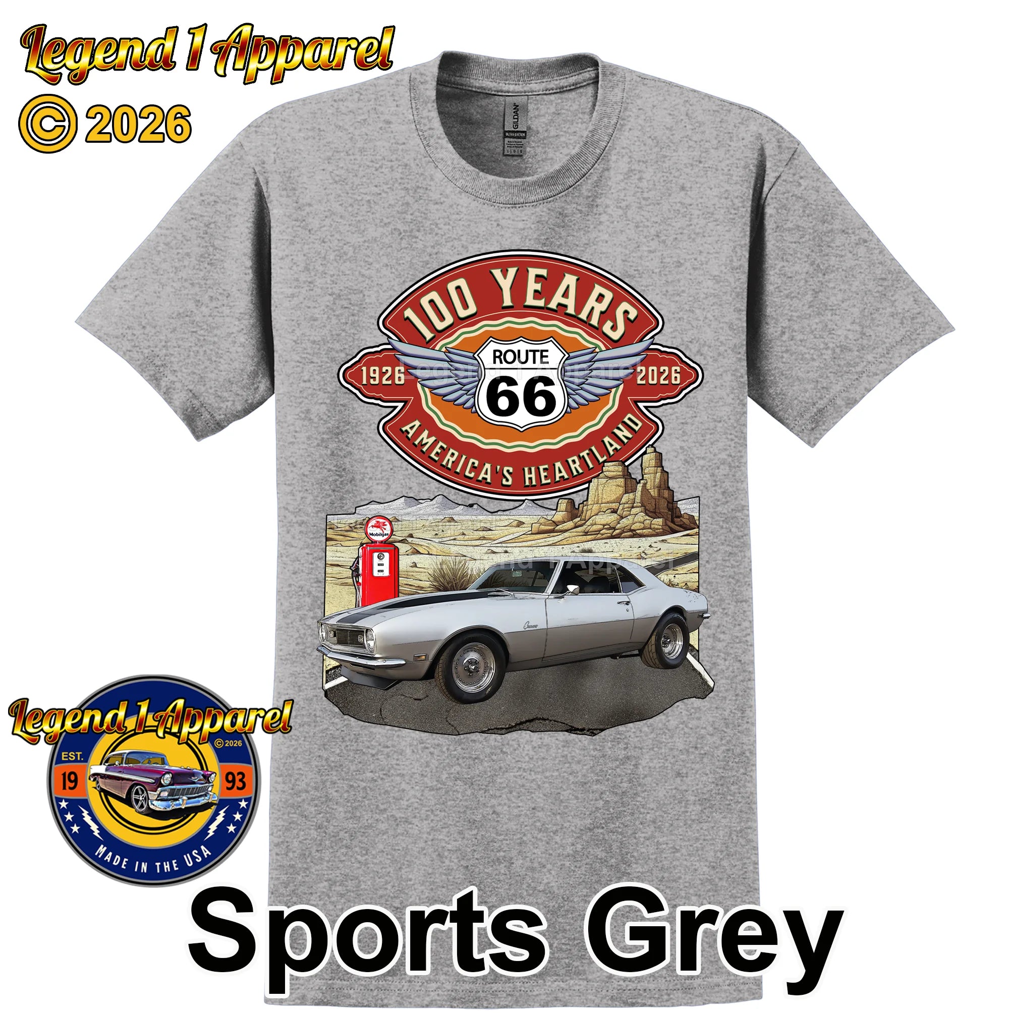 1968 Chevrolet Camaro Classic Car Graphic Tee – Route 66 100 Years T-Shirt