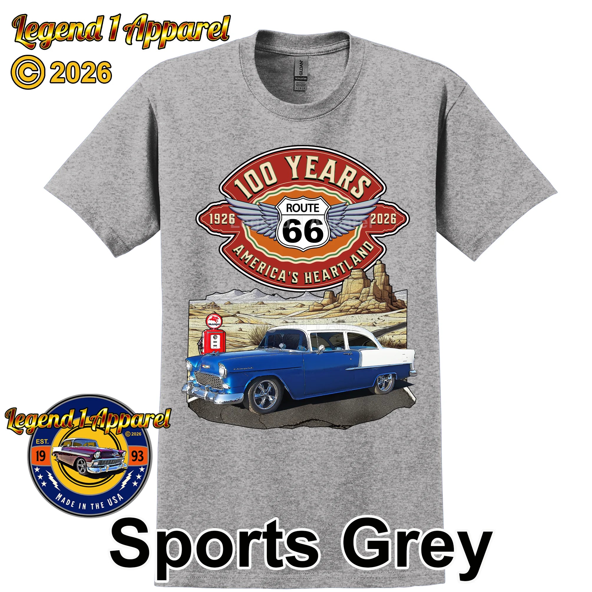1955 Chevrolet Bel Air Coupe Classic Car Graphic Tee – Route 66 100 Years T-Shirt