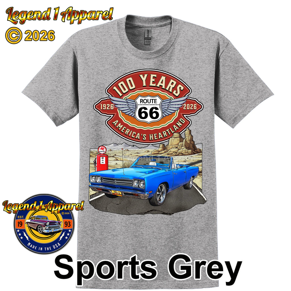 1969 Plymouth RoadRunner Classic Car Graphic Tee – Route 66 100 Years T-Shirt