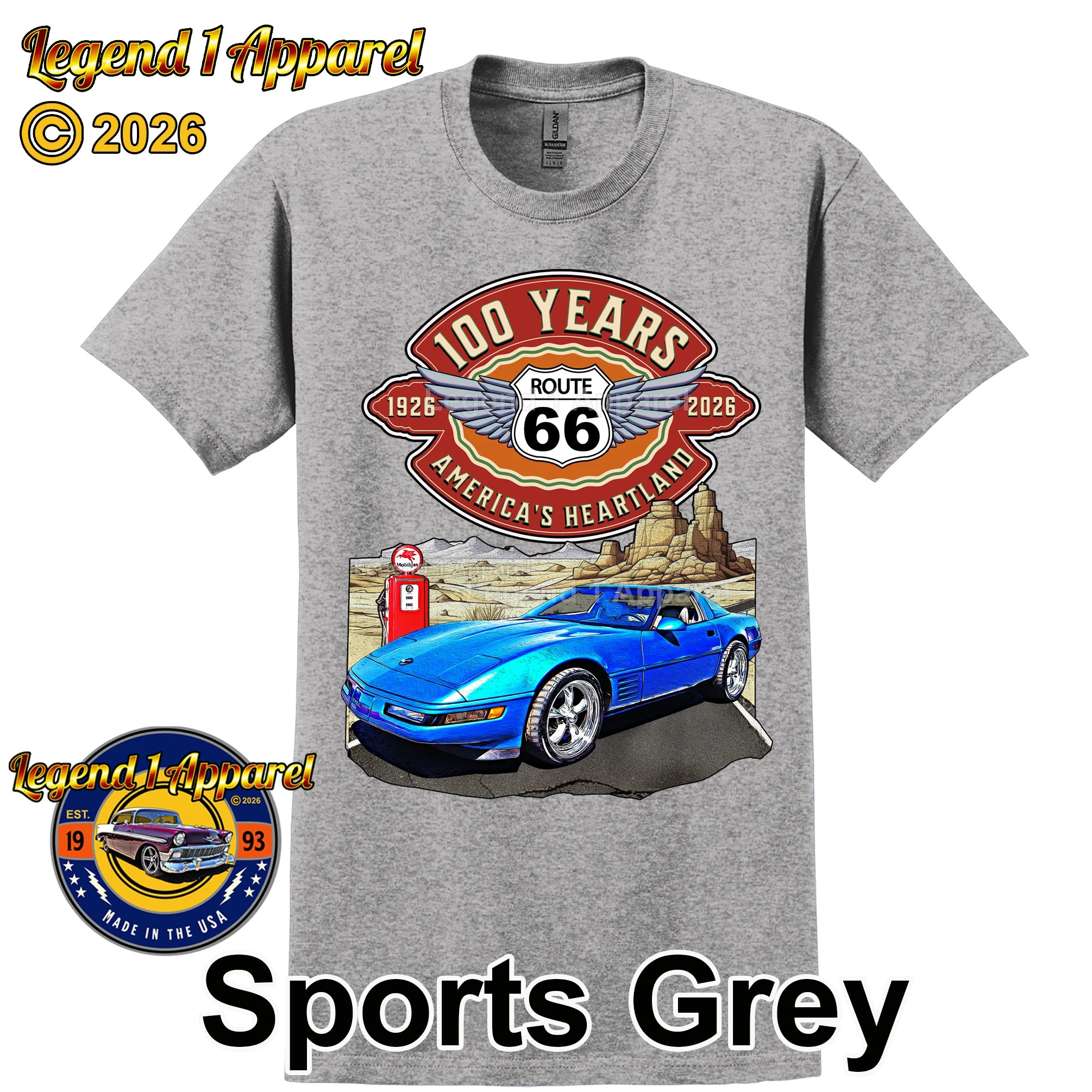 1992 Chevrolet Corvette C4 Classic Car Graphic Tee – Route 66 100 Years T-Shirt