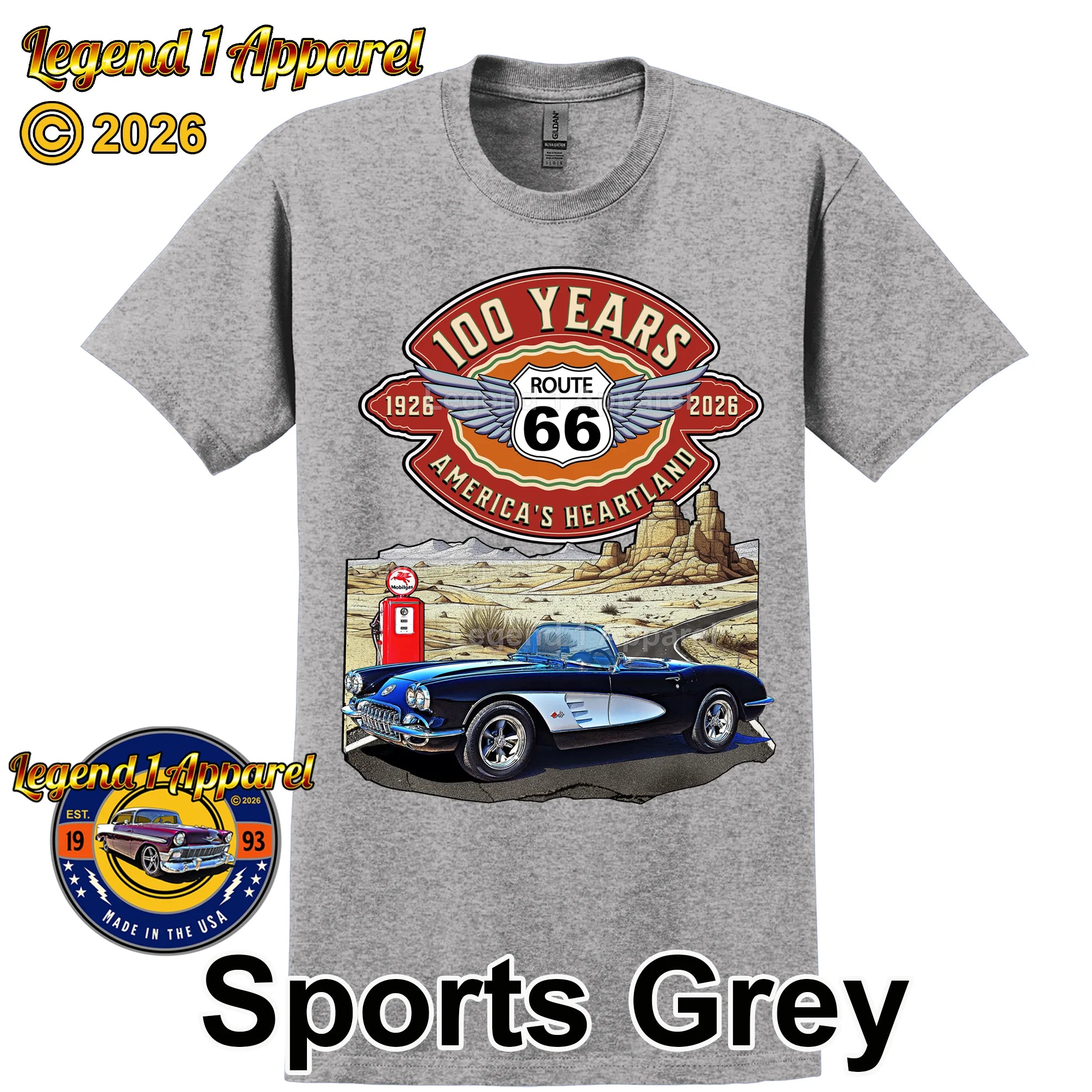 1960 Chevrolet Corvette C1 Classic Car Graphic Tee – Route 66 100 Years T-Shirt