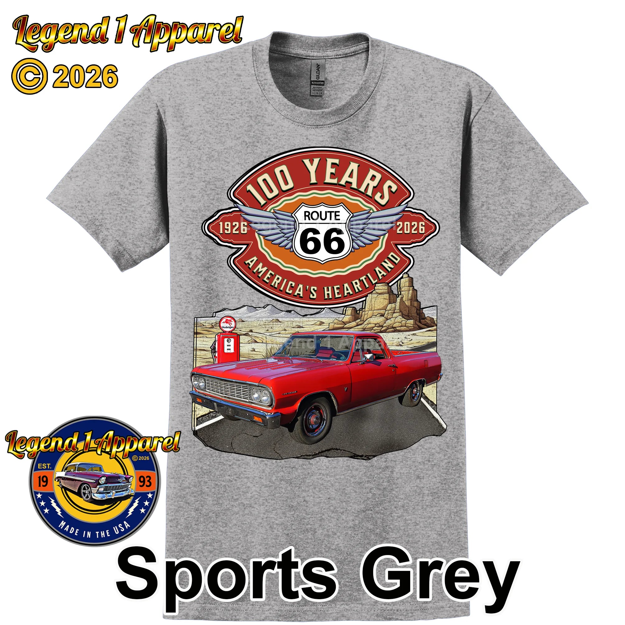 1964 Chevrolet El Camino Classic Truck Graphic Tee – Route 66 100 Years T-Shirt