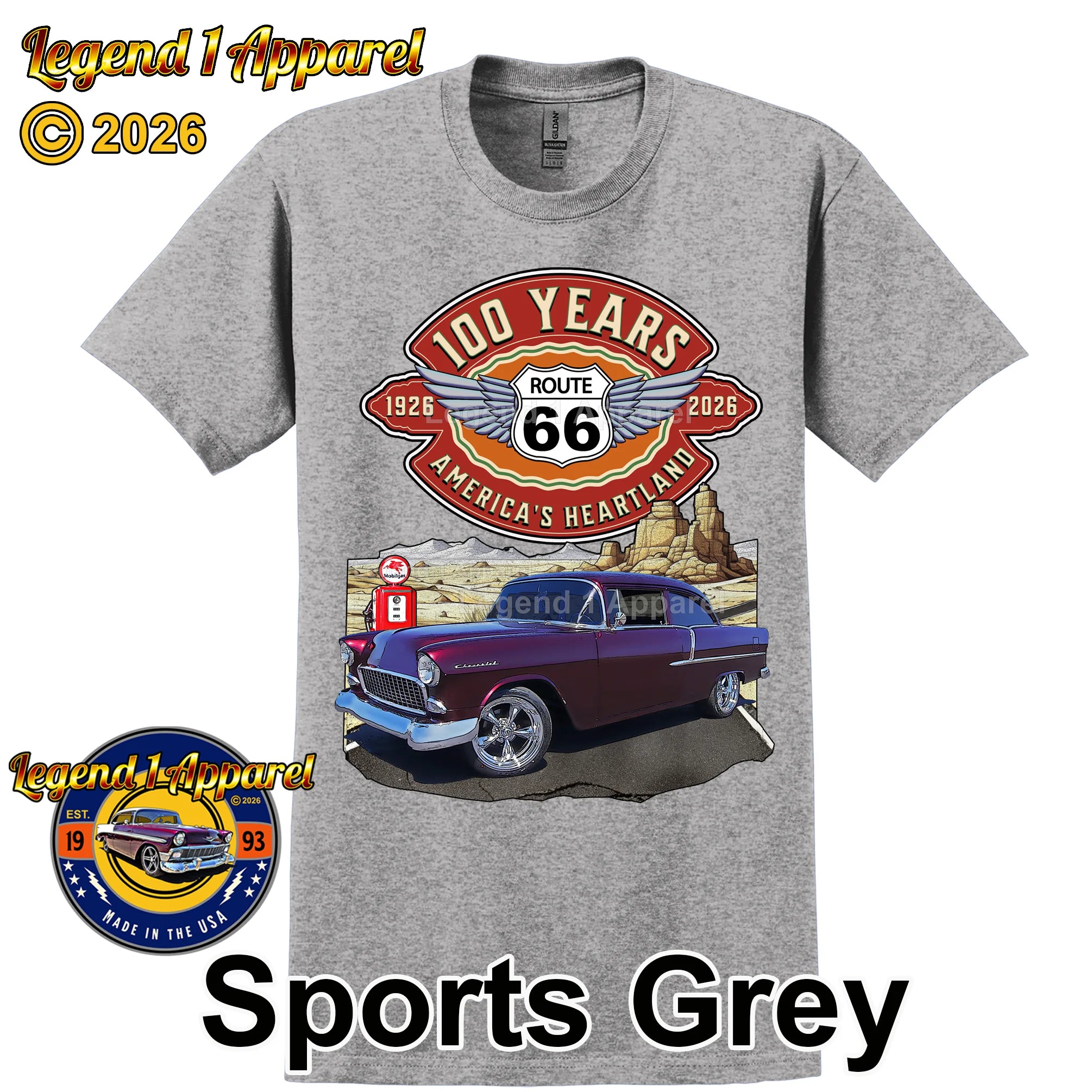 1955 Chevrolet 210 Del Ray Coupe Classic Car Graphic Tee – Route 66 100 Years T-Shirt