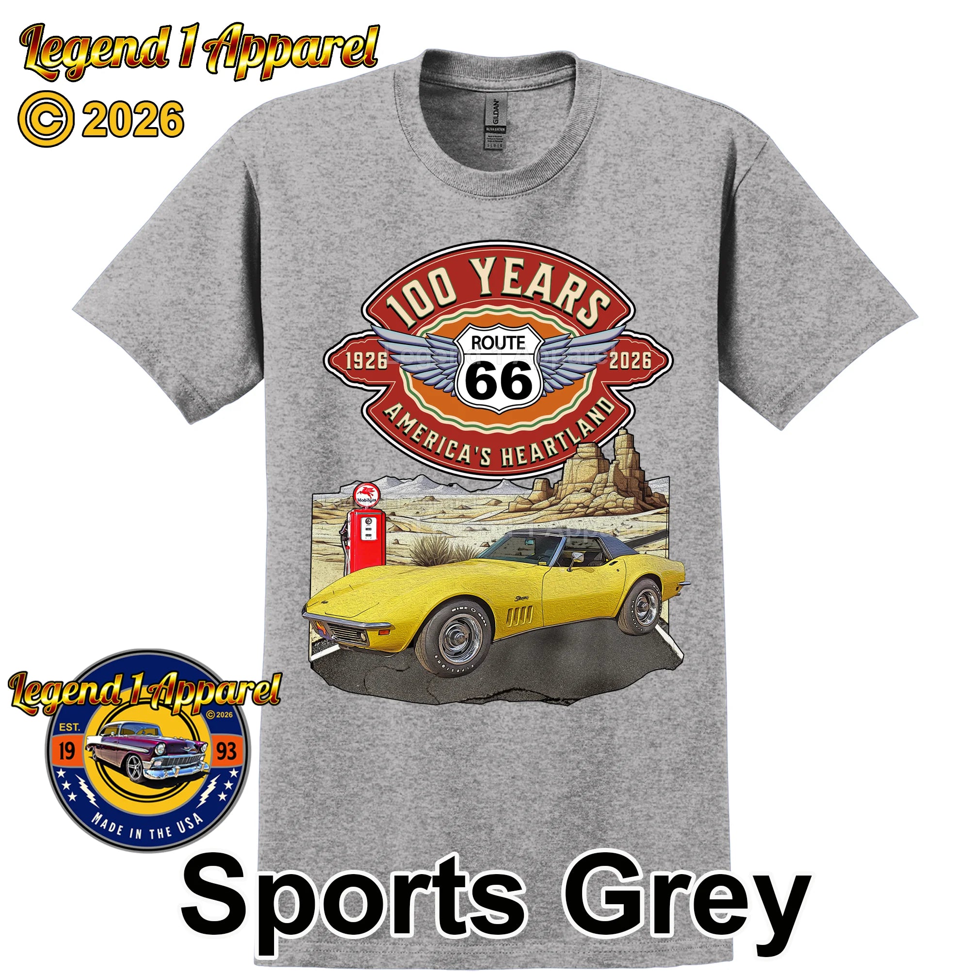 1969 Chevrolet Corvette C3 Classic Car Graphic Tee – Route 66 100 Years T-Shirt