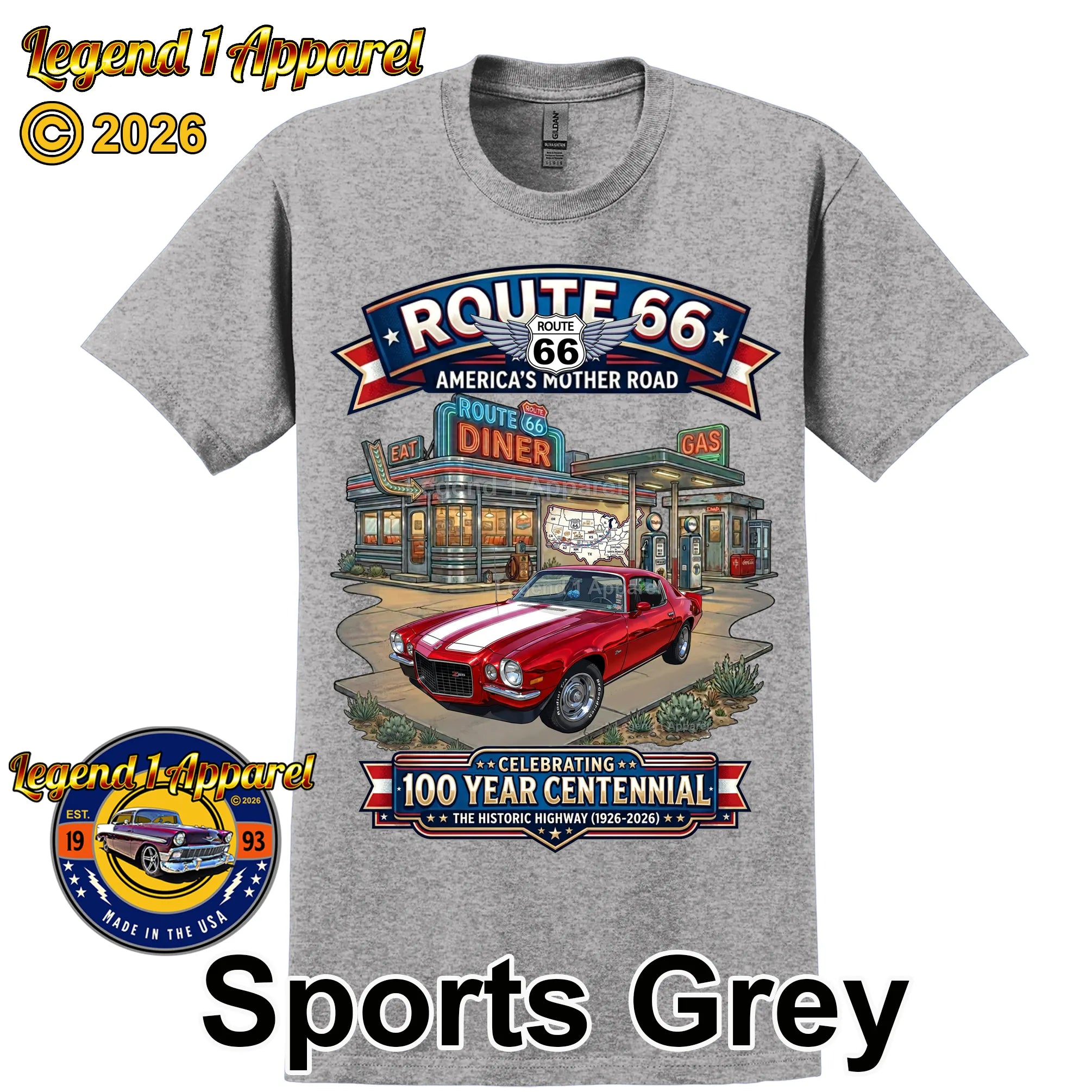 1970 Chevrolet Camaro Classic Car Graphic Tee – Route 66 Centennial T-Shirt