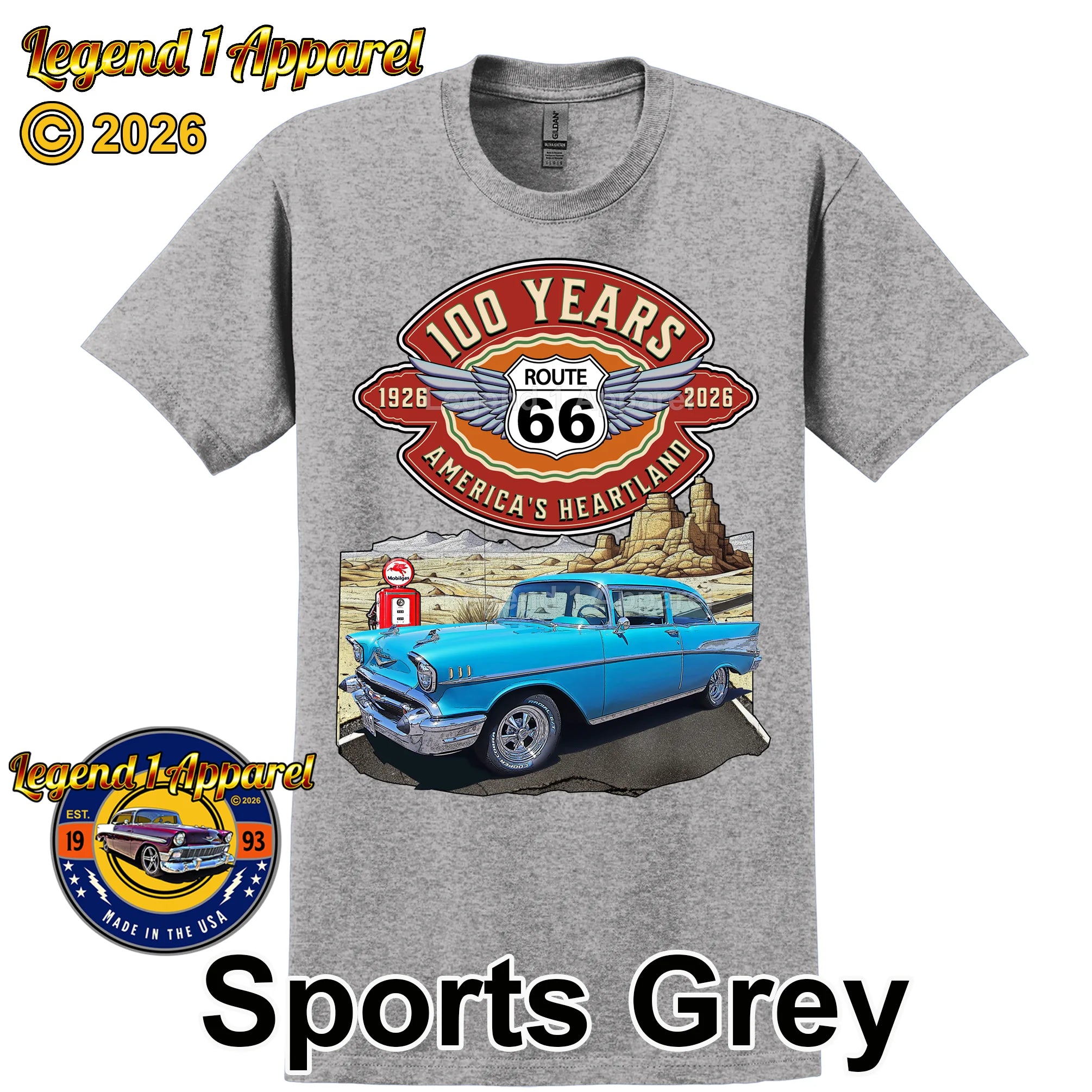 1957 Chevrolet Bel Air Coupe Classic Car Graphic Tee – Route 66 100 Years T-Shirt