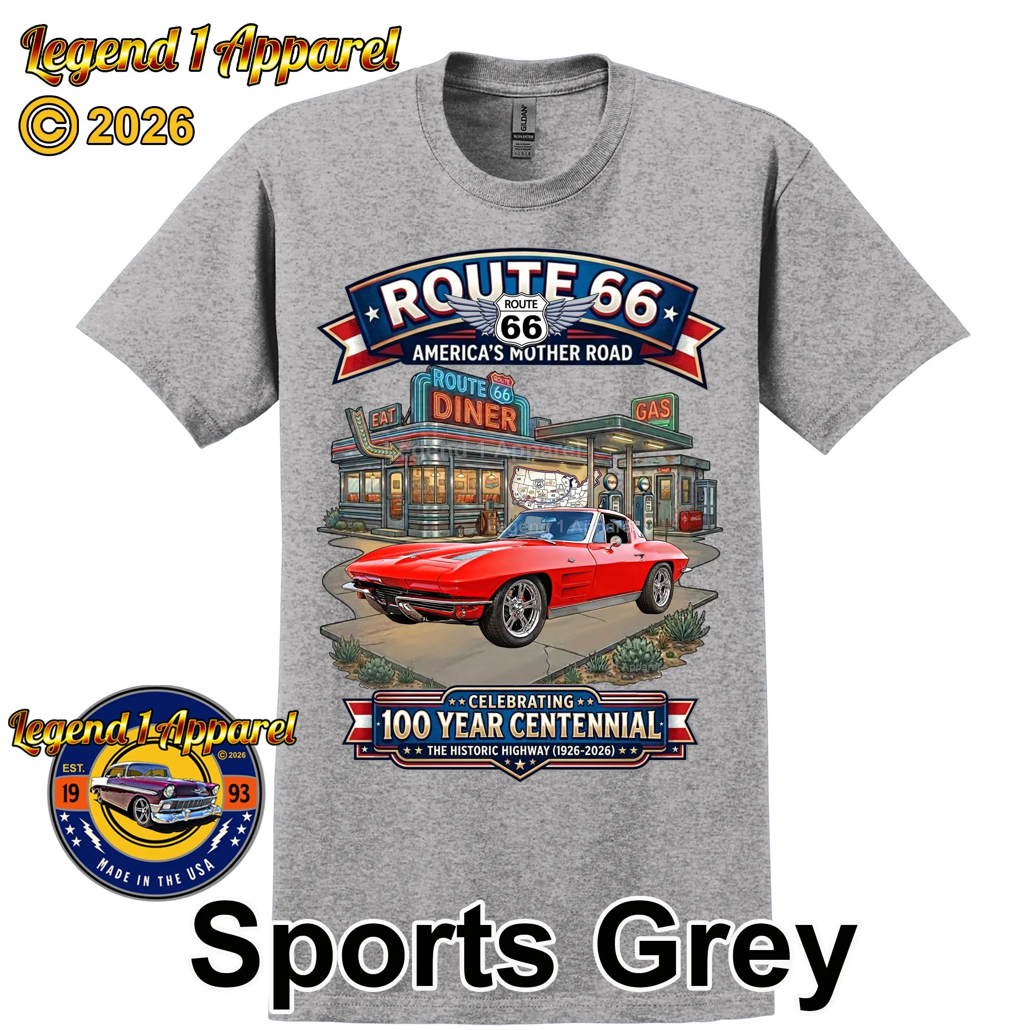 1963 Chevrolet Corvette C2 Classic Car Graphic Tee – Route 66 Centennial T-Shirt