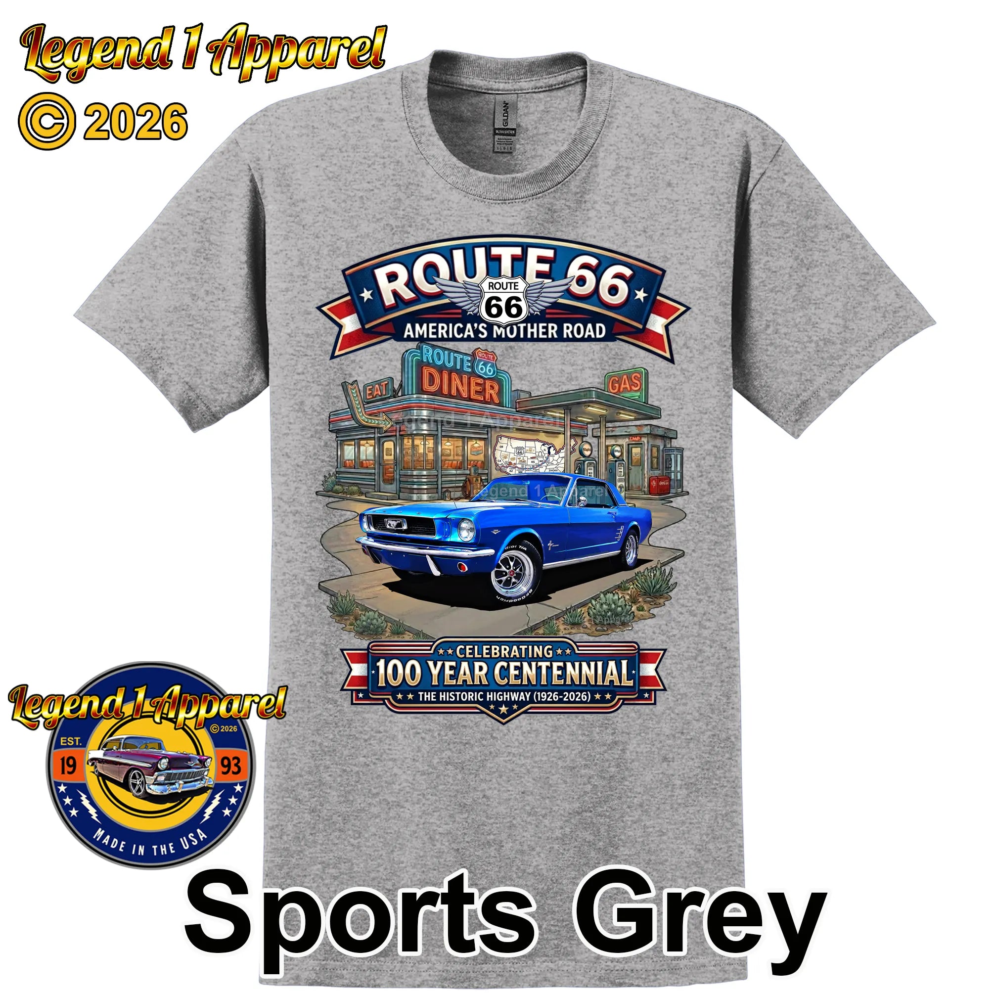 1966 Ford Mustang Hardtop Classic Car Graphic Tee – Route 66 Centennial T-Shirt