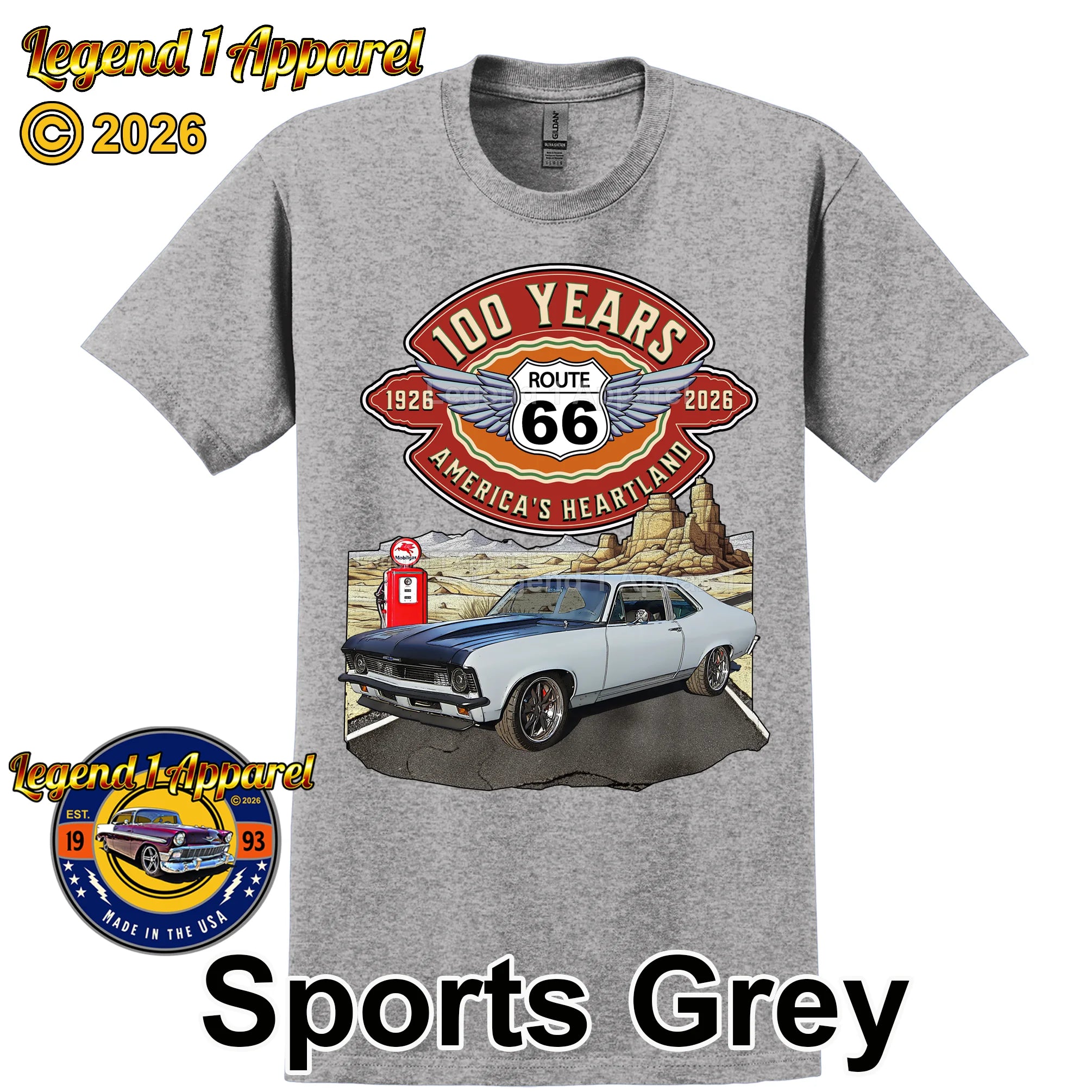 1972 Chevrolet Nova SS Classic Car Graphic Tee – Route 66 100 Years T-Shirt