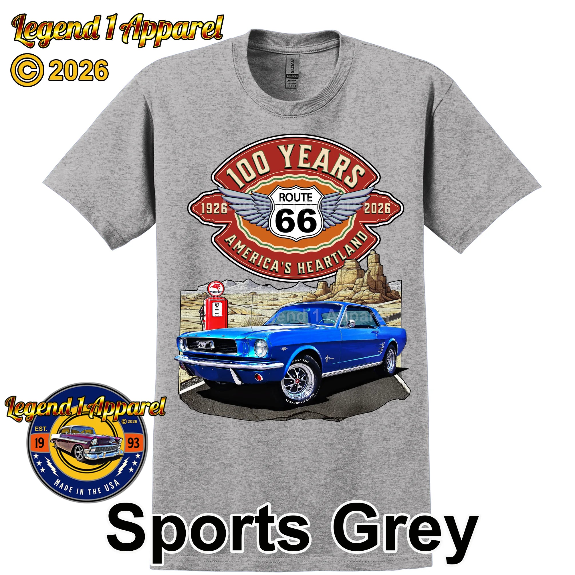 1966 Ford Mustang Hardtop Classic Car Graphic Tee – Route 66 100 Years T-Shirt