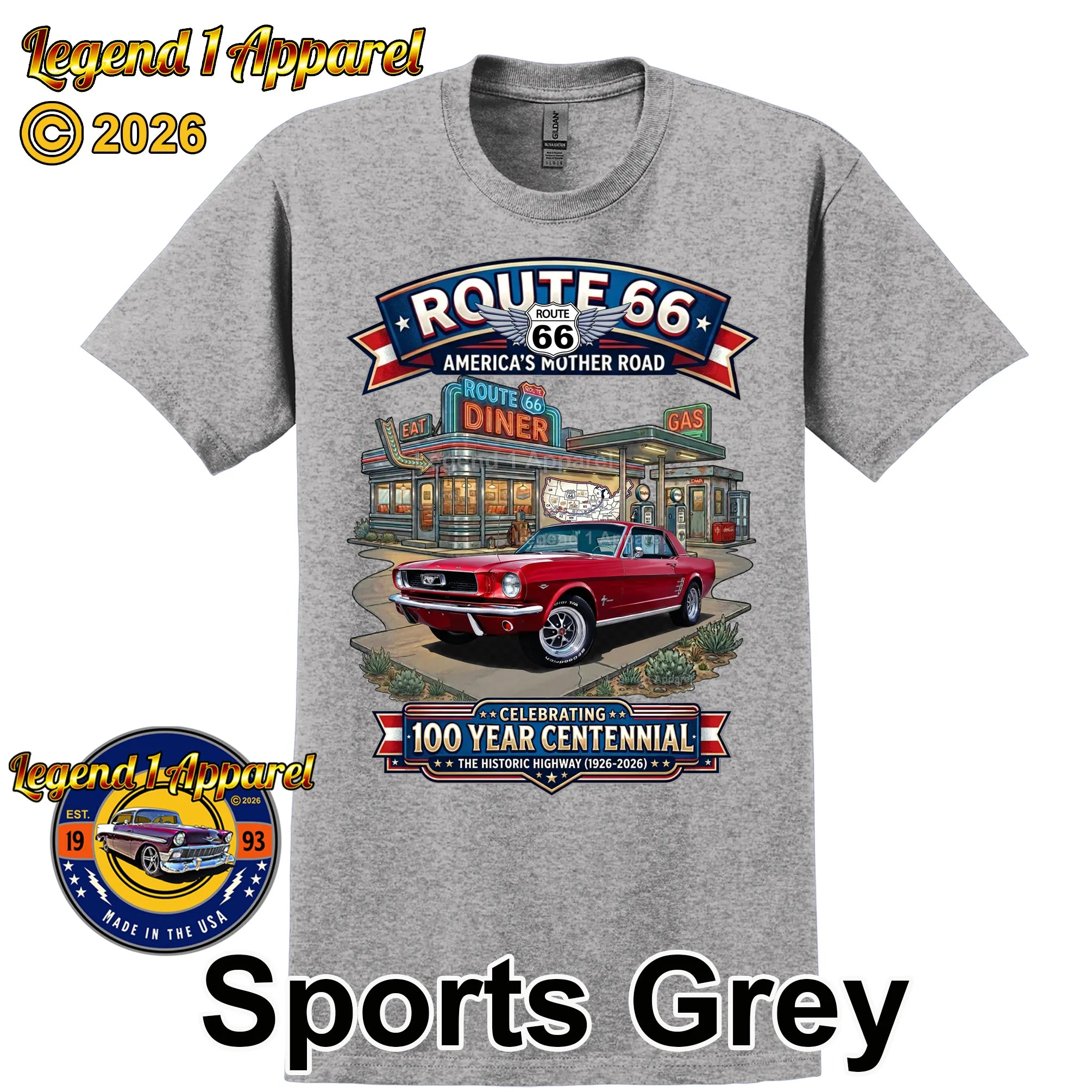 1966 Ford Mustang Hardtop Classic Car Graphic Tee – Route 66 Centennial T-Shirt
