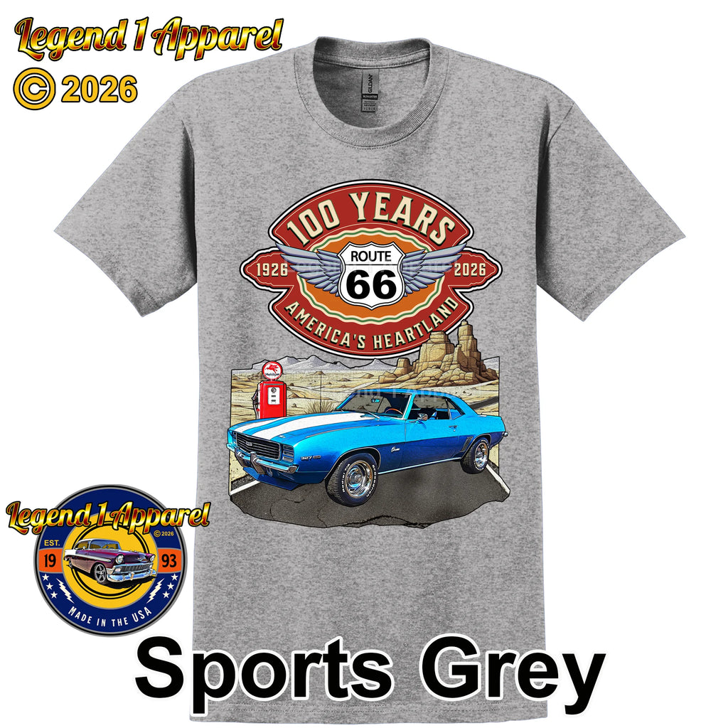 1969 Chevrolet Camaro Classic Car Graphic Tee – Route 66 100 Years T-Shirt