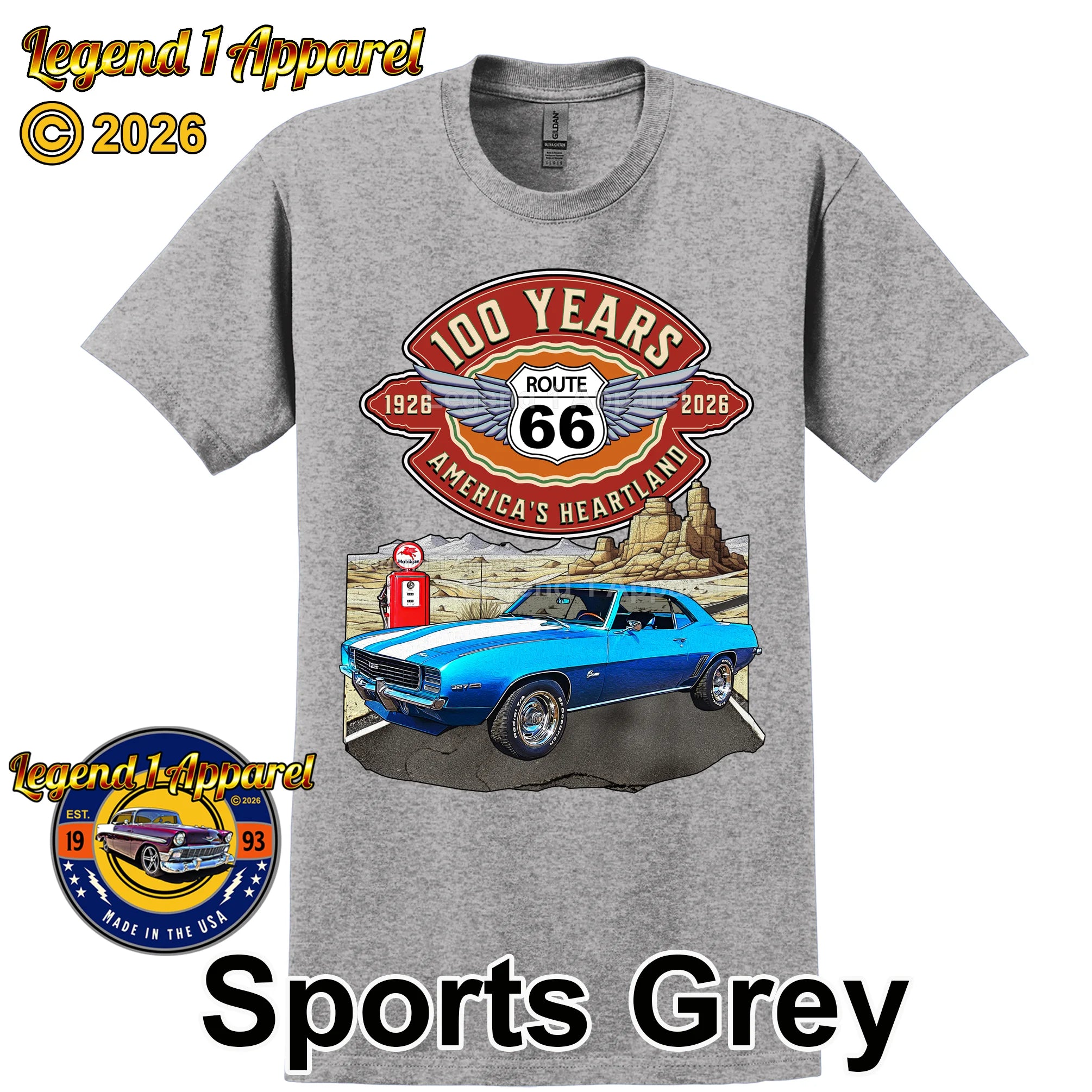 1969 Chevrolet Camaro Classic Car Graphic Tee – Route 66 100 Years T-Shirt