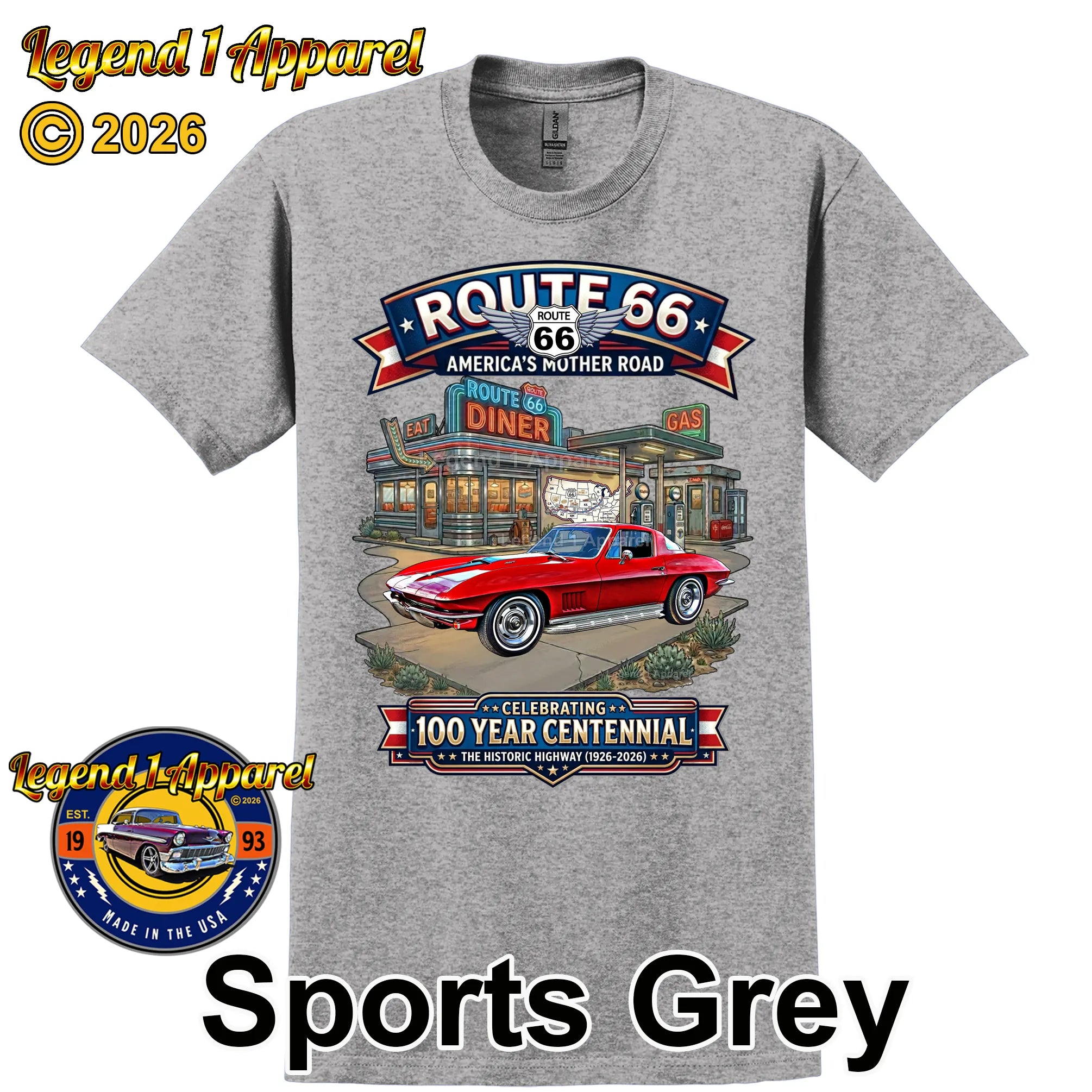 1967 Chevrolet Corvette C2 Classic Car Graphic Tee – Route 66 Centennial T-Shirt