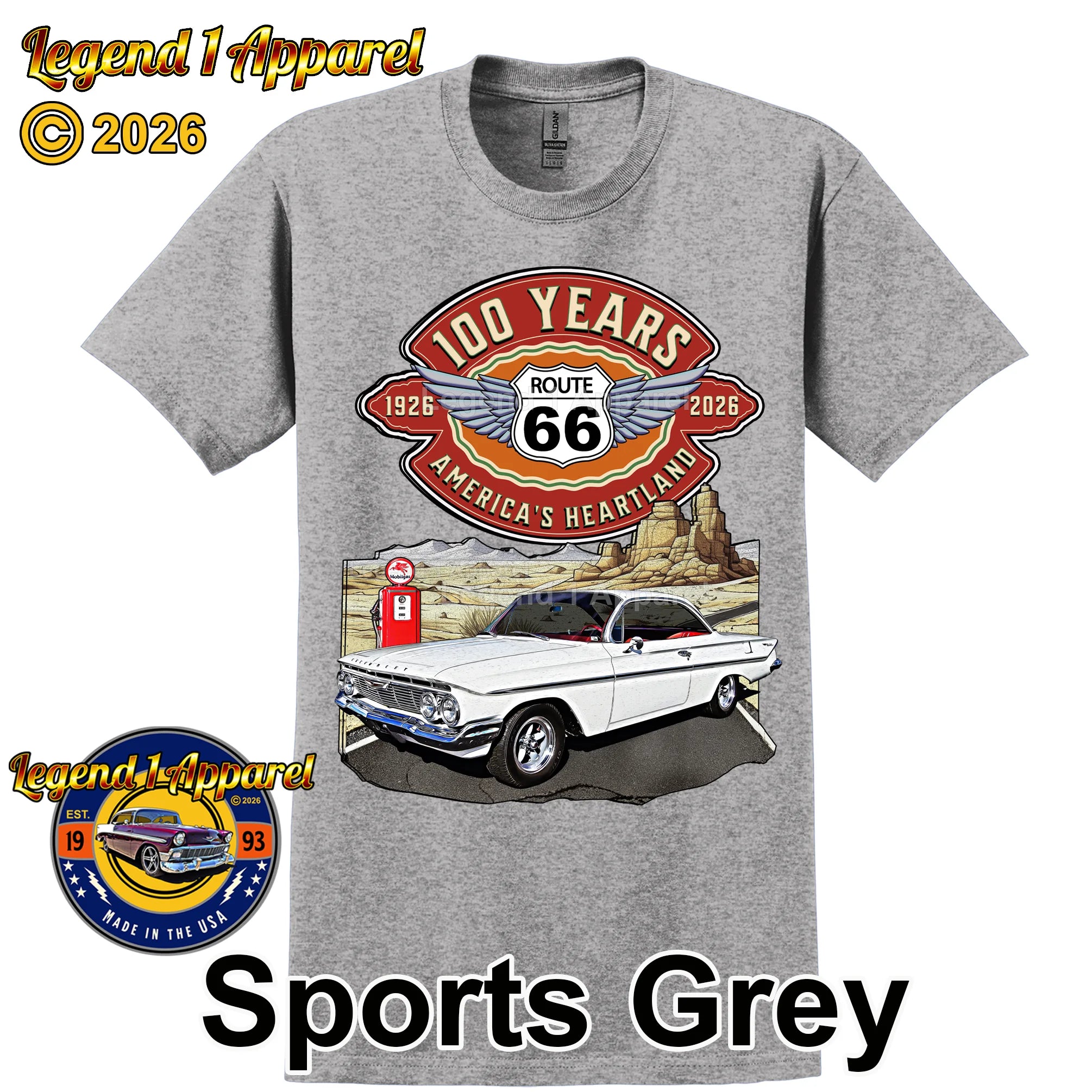 1961 Chevrolet Bel Air Bubble Top Classic Car Graphic Tee – Route 66 100 Years T-Shirt