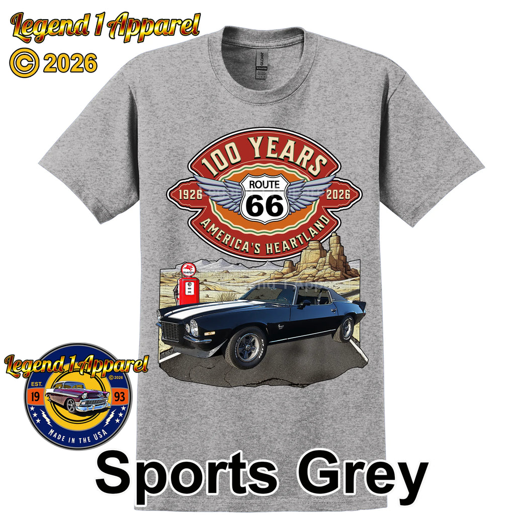 1973 Chevrolet Camaro Classic Car Graphic Tee – Route 66 100 Years T-Shirt