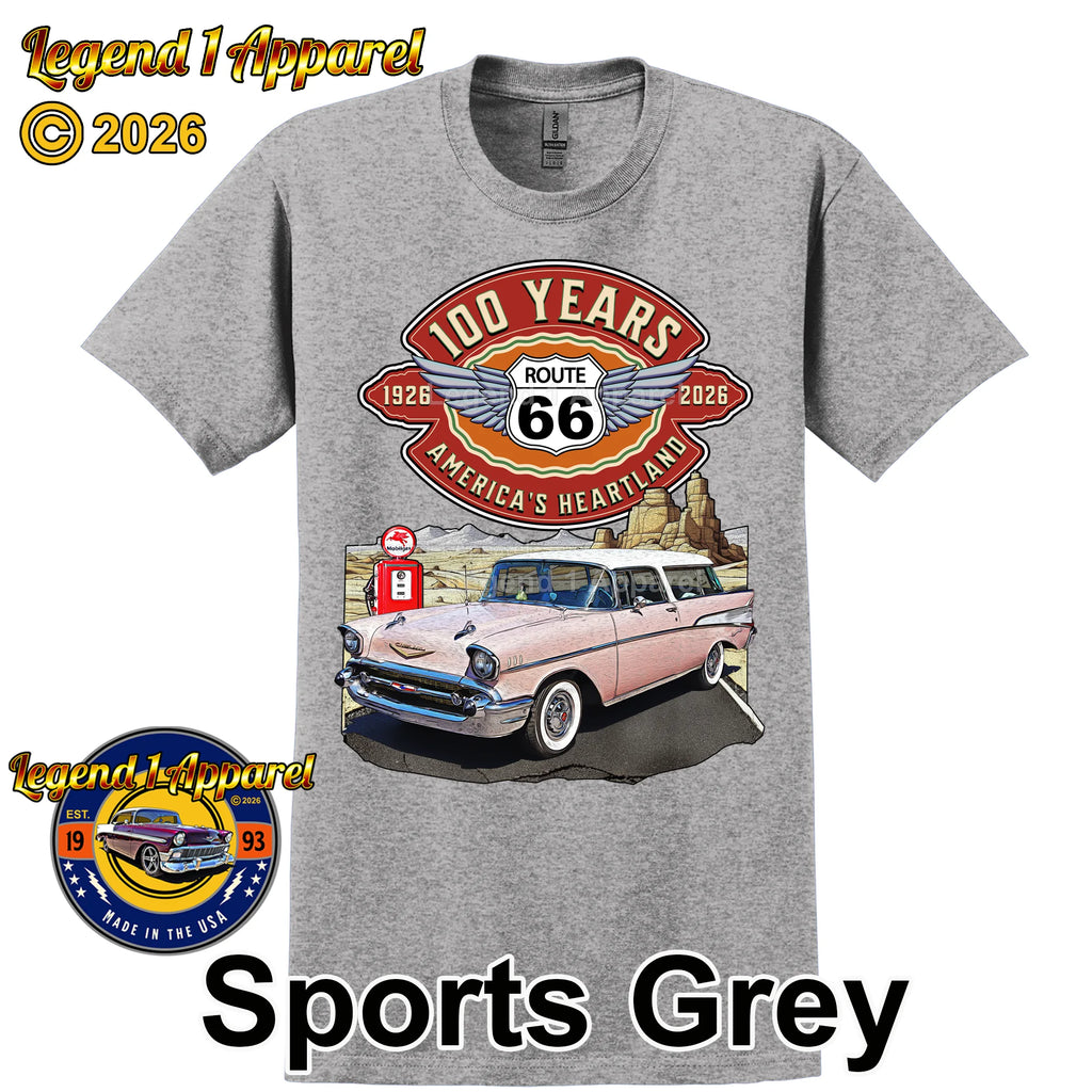 1957 Chevrolet Bel Air Nomad Classic Car Graphic Tee – Route 66 100 Years T-Shirt