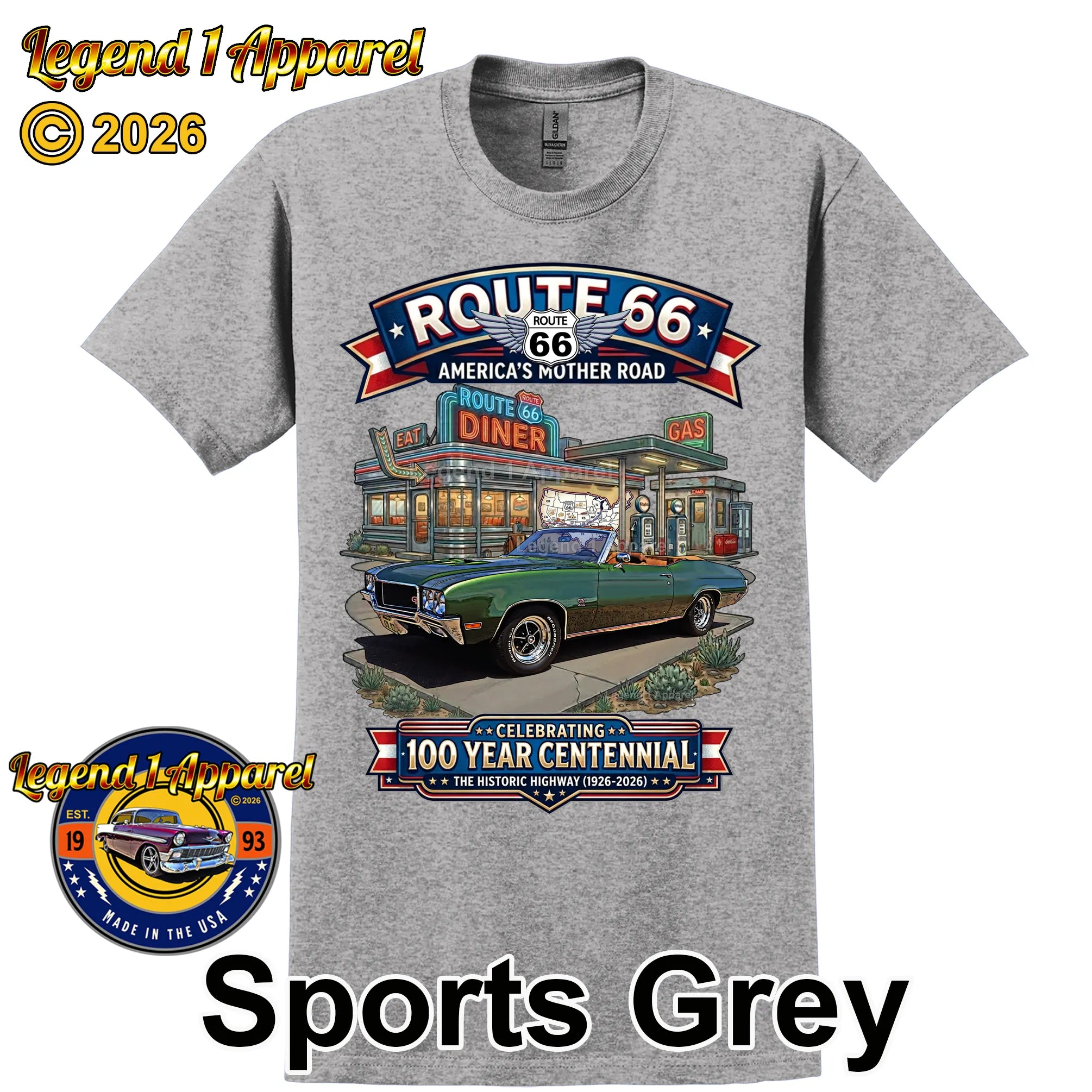 1970 Buick GS 455 Convertible Classic Car Graphic Tee – Route 66 Centennial T-Shirt