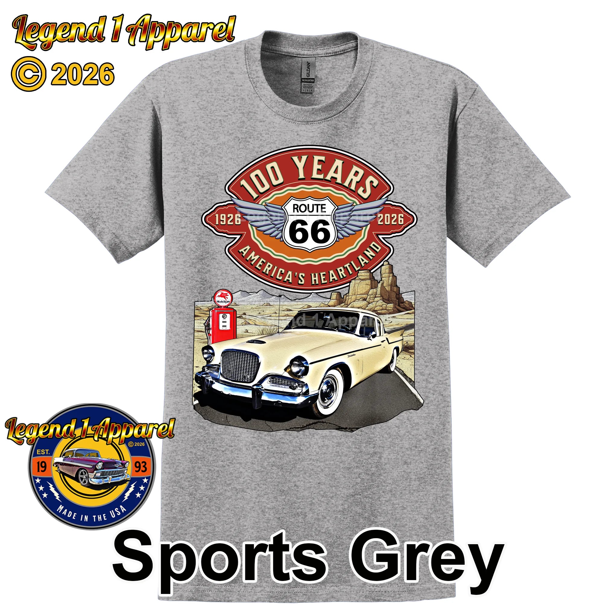 1958 Studebaker Silver Hawk Classic Car Graphic Tee – Route 66 100 Years T-Shirt