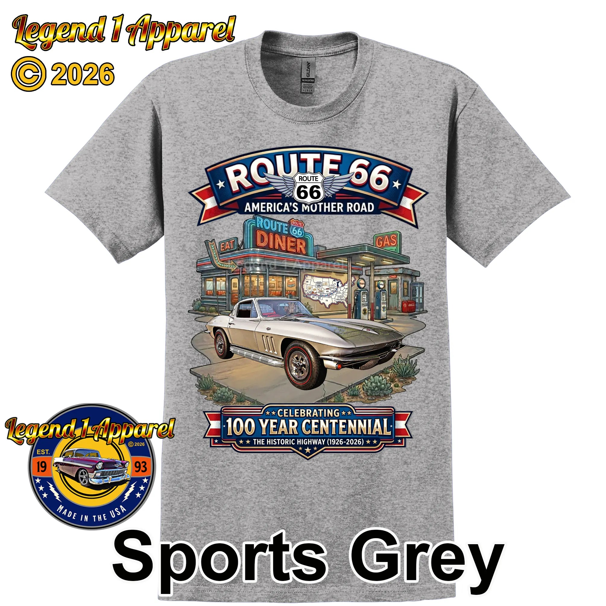 1965 Chevrolet Corvette C2 Classic Car Graphic Tee – Route 66 Centennial T-Shirt