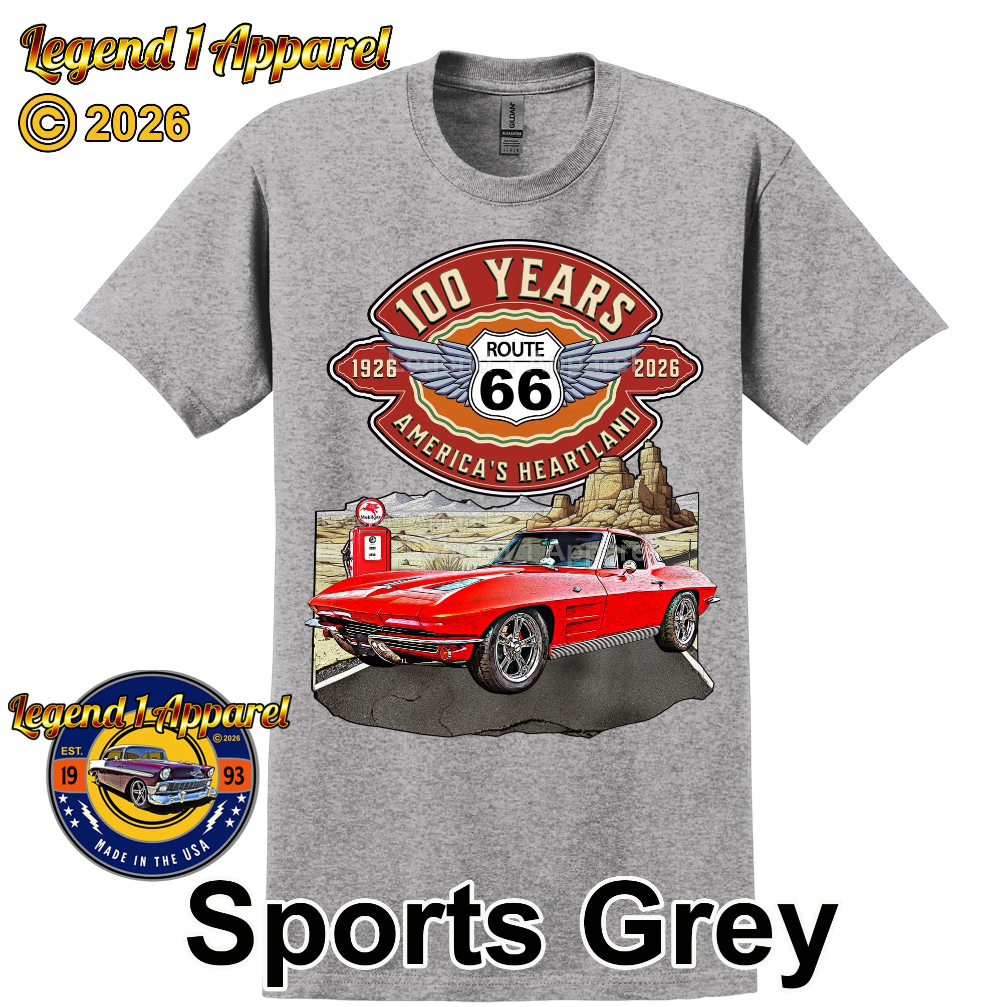 1963 Chevrolet Corvette C2 Classic Car Graphic Tee – Route 66 100 Years T-Shirt