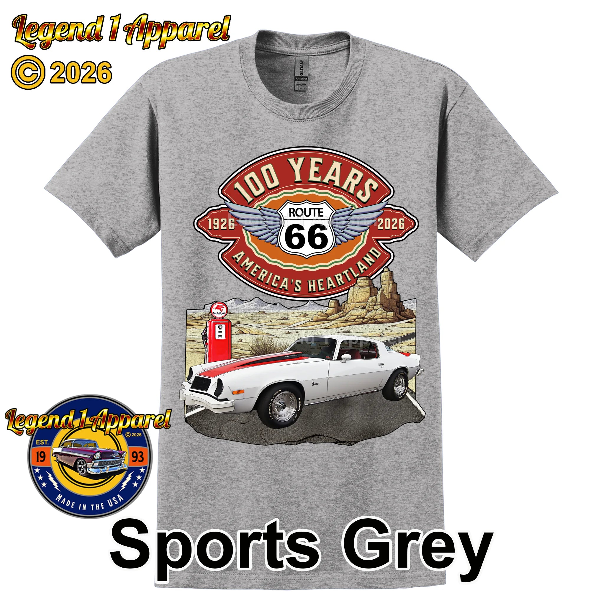 1976 Chevrolet Camaro Classic Car Graphic Tee – Route 66 100 Years T-Shirt
