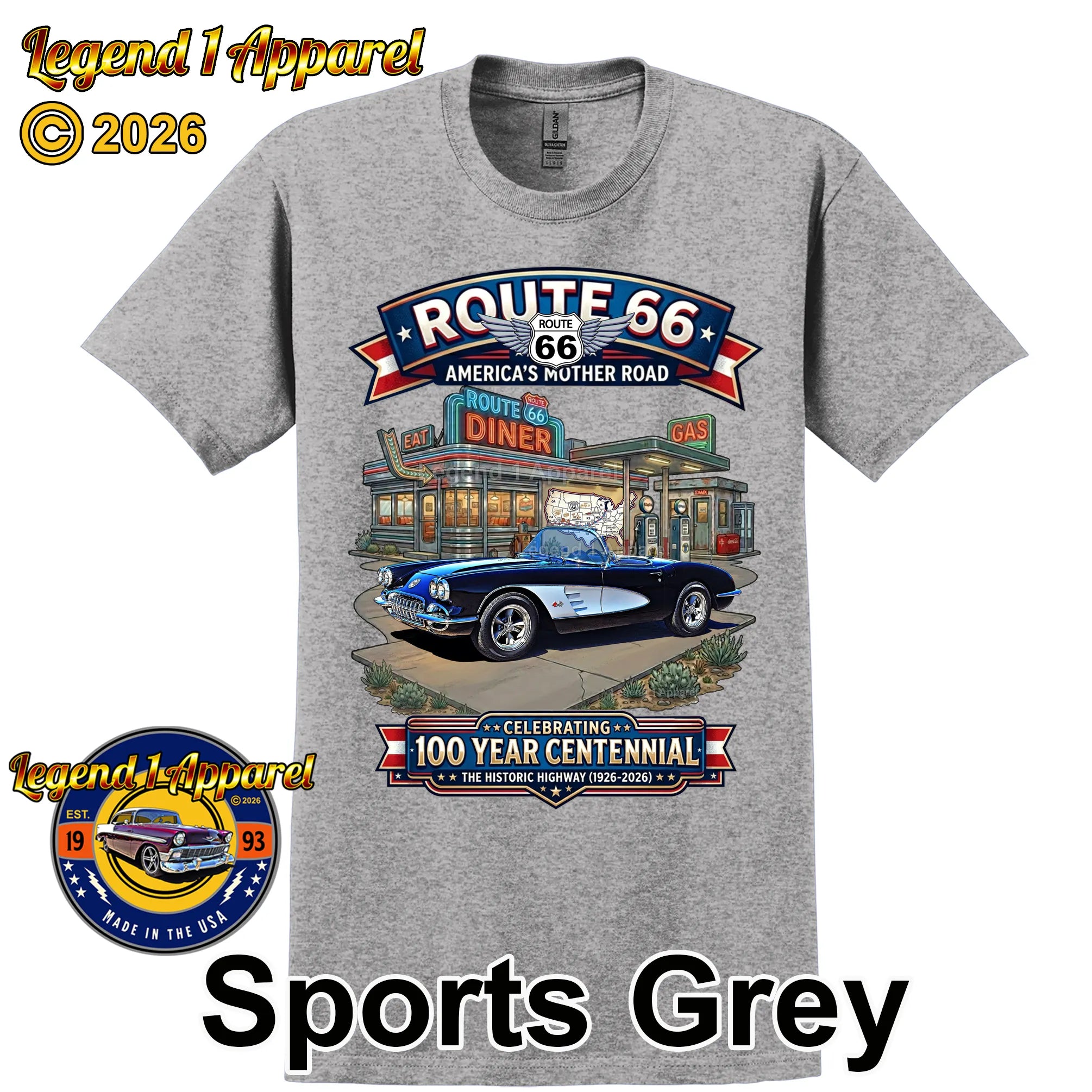 1960 Chevrolet Corvette C1 Classic Car Graphic Tee – Route 66 Centennial T-Shirt