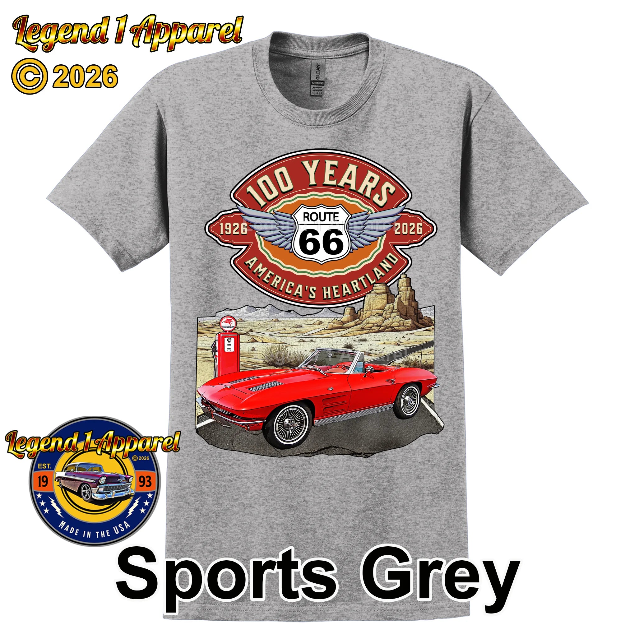 1963 Chevrolet Corvette C2 Classic Car Graphic Tee – Route 66 100 Years T-Shirt