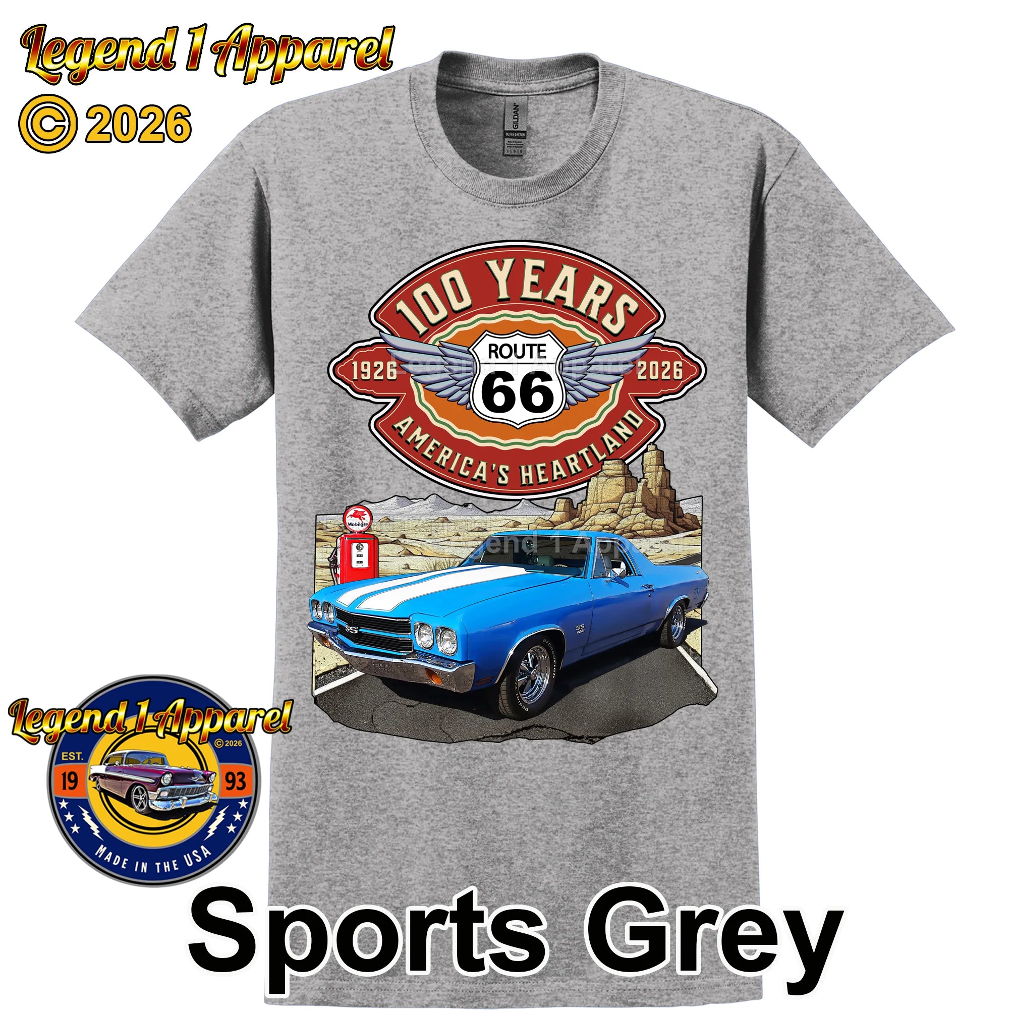 1970 Chevrolet El Camino Classic Truck Graphic Tee – Route 66 100 Years T-Shirt