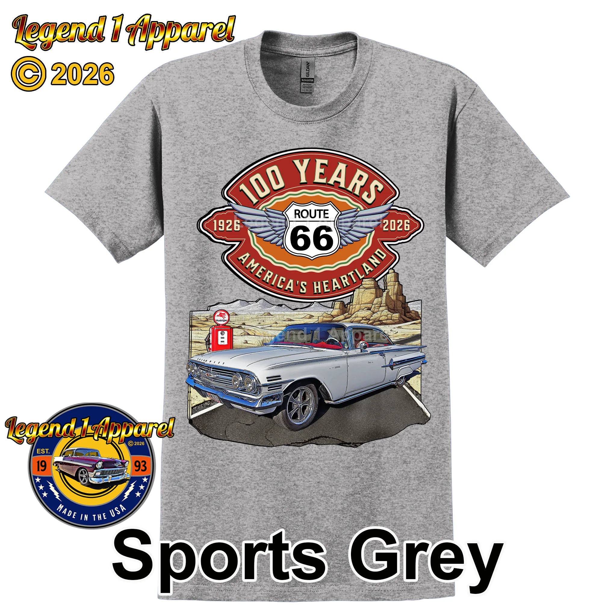 1960 Chevrolet Impala SS Classic Car Graphic Tee – Route 66 100 Years T-Shirt