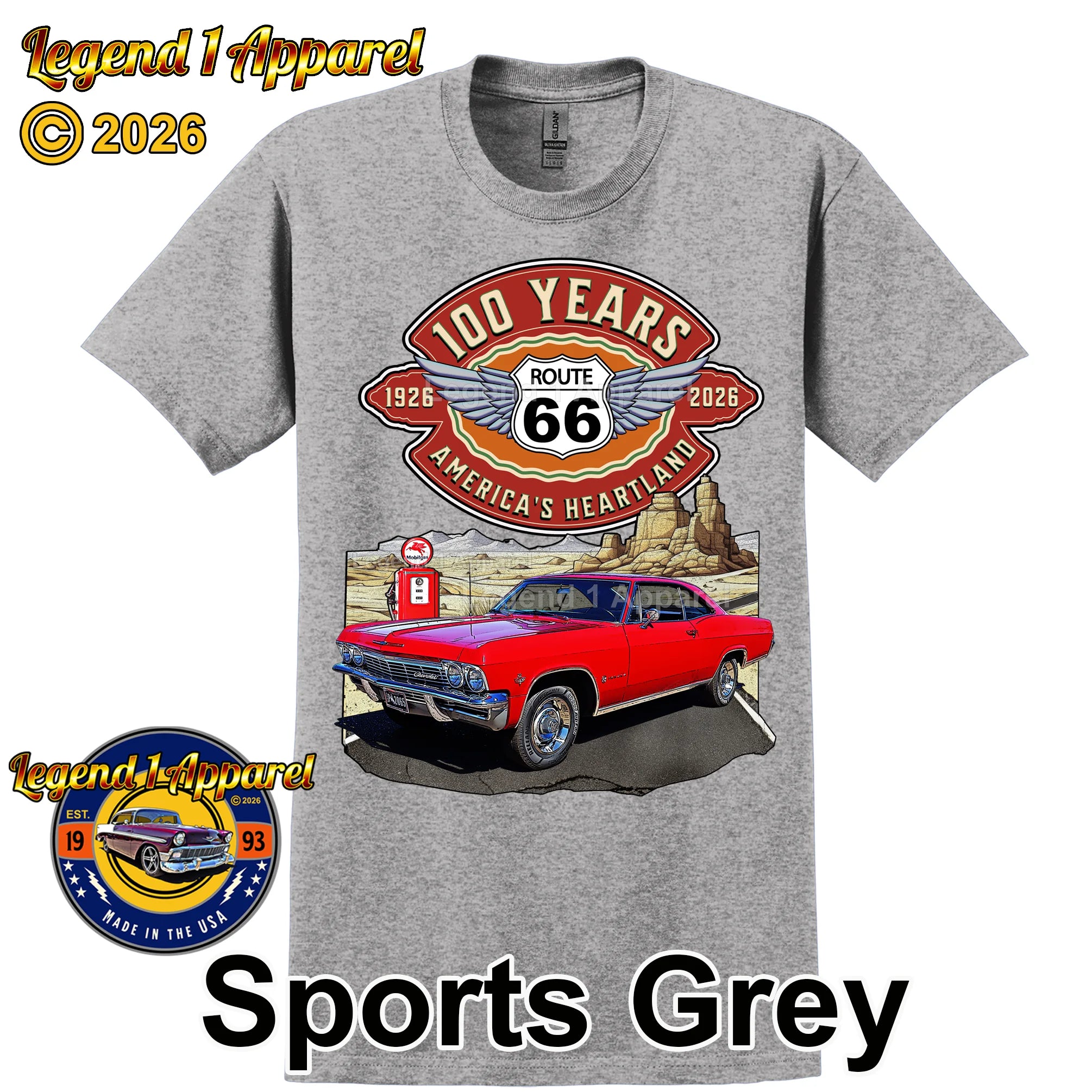1965 Chevrolet Impala SS Classic Car Graphic Tee – Route 66 100 Years T-Shirt