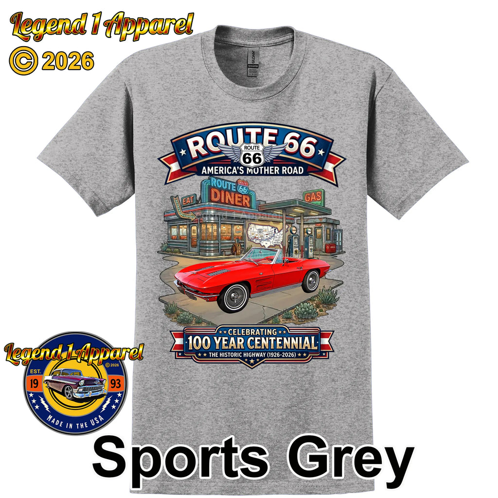 1963 Chevrolet Corvette C2 Classic Car Graphic Tee – Route 66 Centennial T-Shirt