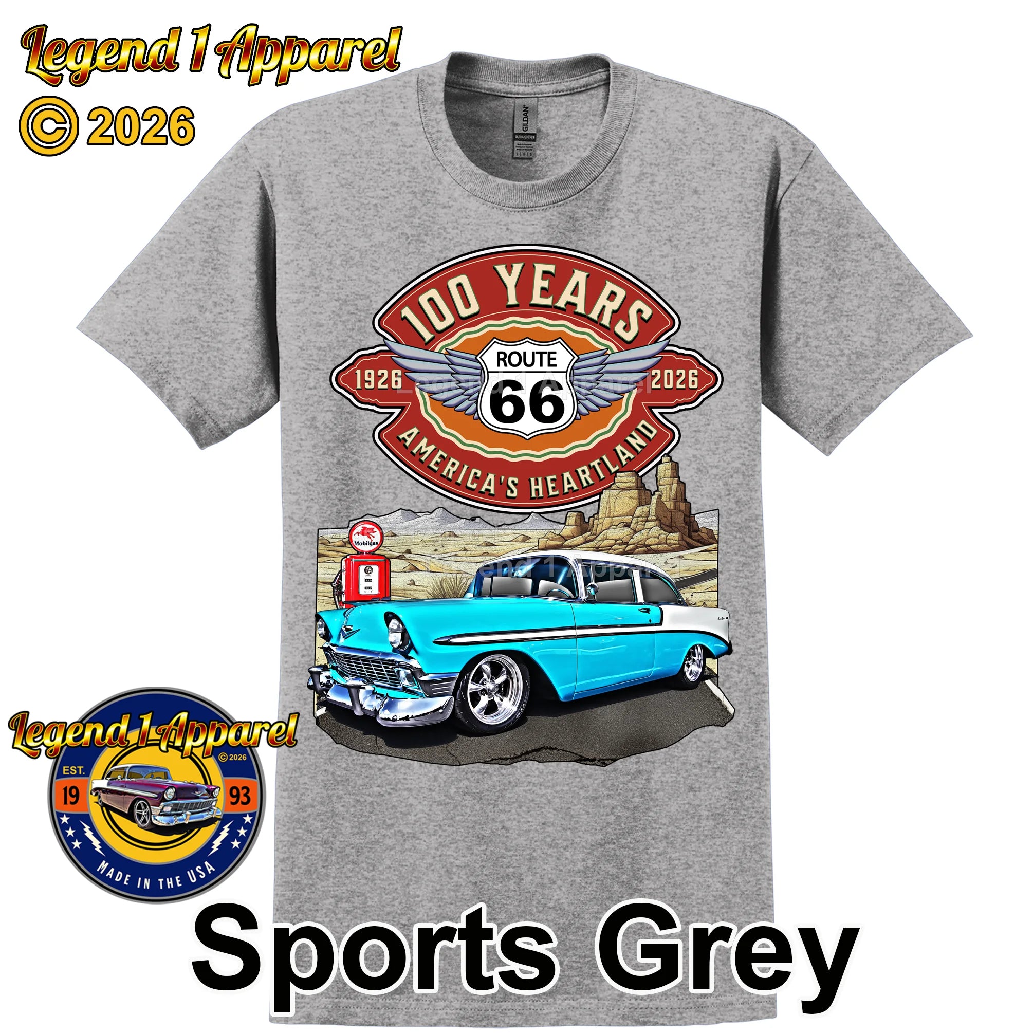 1956 Chevrolet Bel Air Coupe Classic Car Graphic Tee – Route 66 100 Years T-Shirt